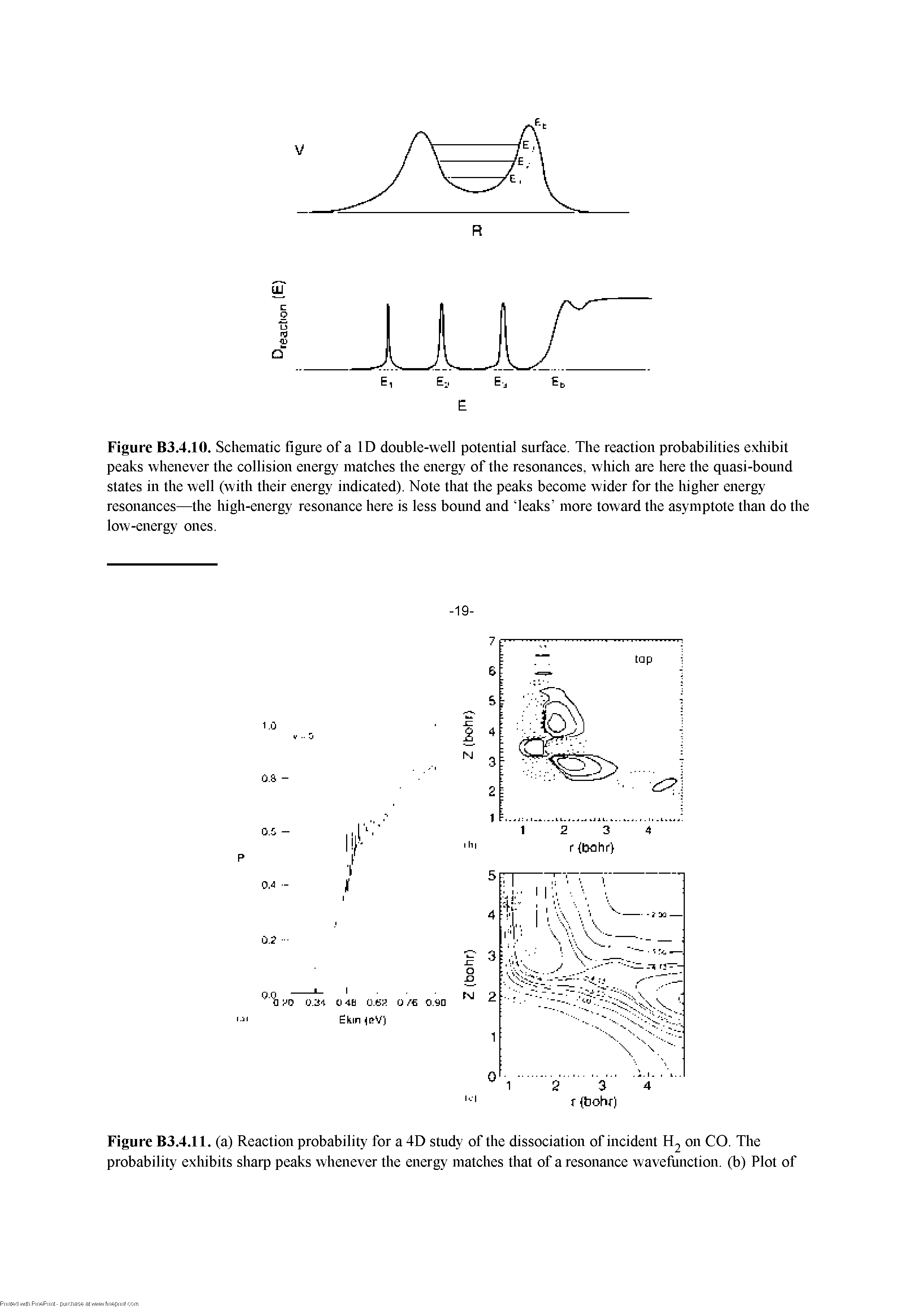 Figure B3.4.10. Schematic figure of a ID double-well potential surface. The reaction probabilities exliibit peaks whenever the collision energy matches the energy of the resonances, which are here the quasi-bound states in the well (with their energy indicated). Note that the peaks become wider for the higher energy resonances—the high-energy resonance here is less bound and Teaks more toward the asymptote than do the low-energy ones.