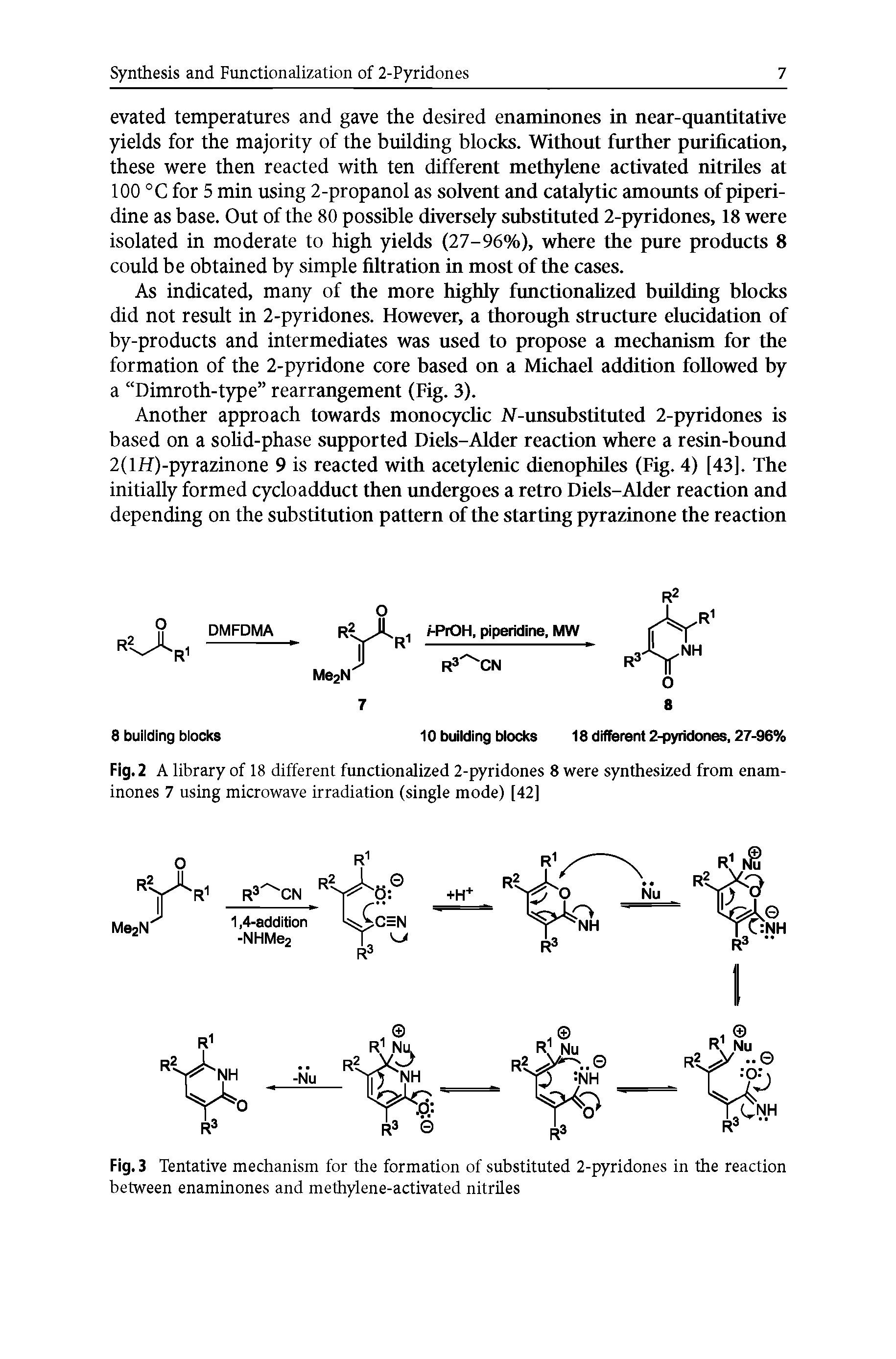 Fig. 3 Tentative mechanism for the formation of substituted 2-pyridones in the reaction between enaminones and methylene-activated nitriles...