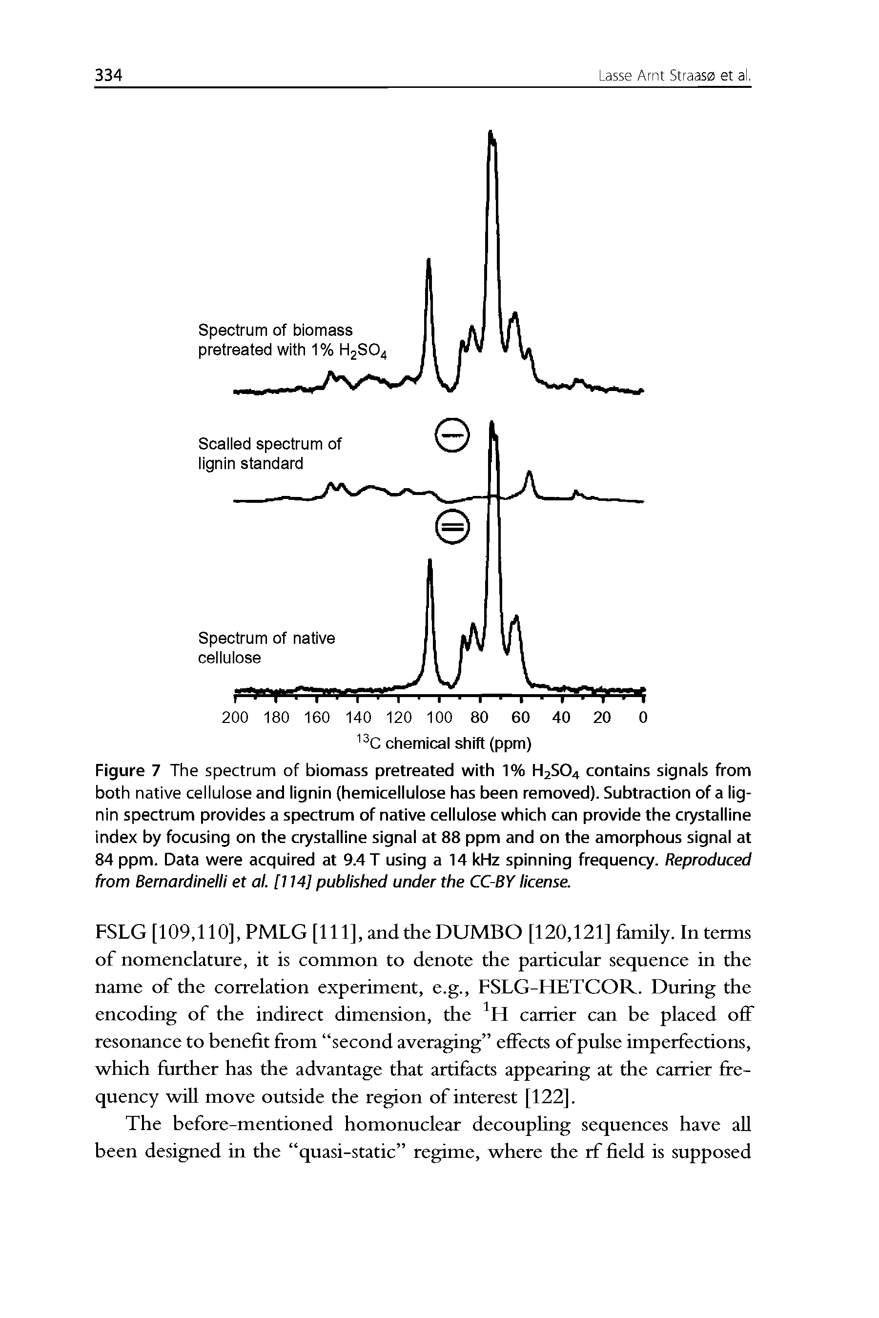 Figure 7 The spectrum of biomass pretreated with 1% H2SO4 contains signals from both native cellulose and lignin (hemicellulose has been removed). Subtraction of a lignin spectrum provides a spectrum of native cellulose which can provide the crystalline index by focusing on the crystalline signal at 88 ppm and on the amorphous signal at 84 ppm. Data were acquired at 9.4 T using a 14 kHz spinning frequency. Reproduced from Bemardinelli et al. [114] published under the CC-BY license.