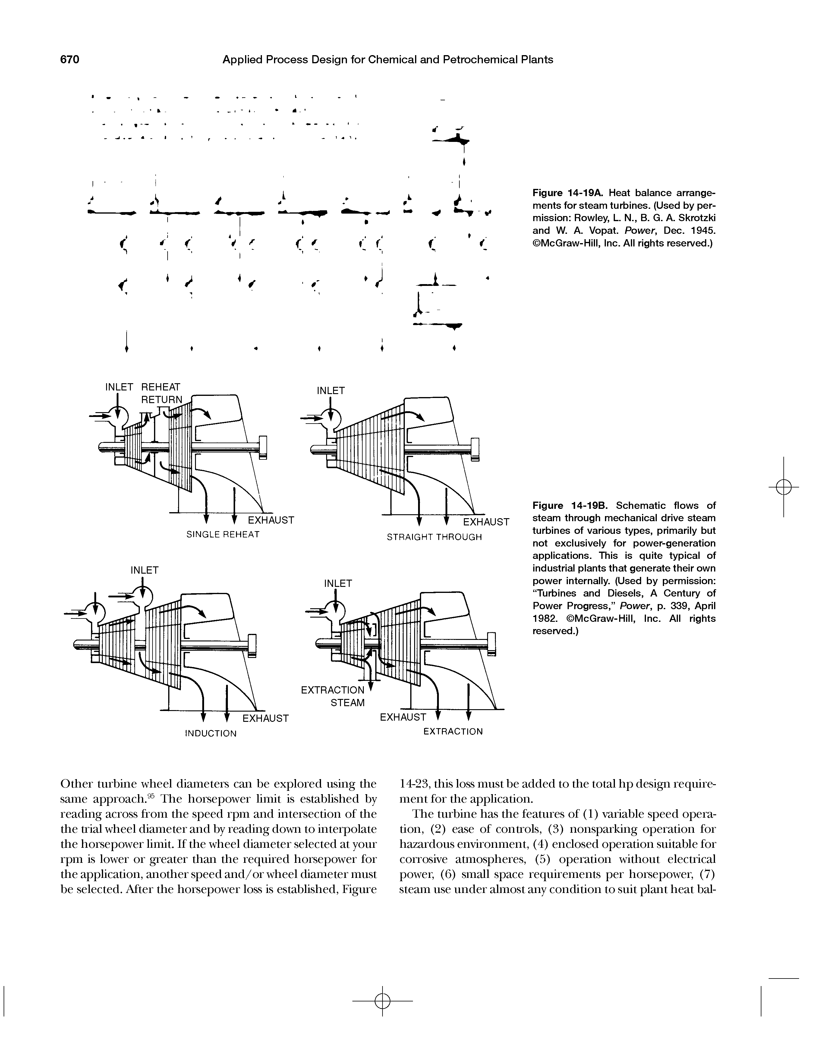 Figure 14-19B. Schematic flows of steam through mechanical drive steam turbines of various types, primarily but not exclusively for power-generation applications. This is quite typical of industrial plants that generate their own power internally. (Used by permission Turbines and Diesels, A Century of Power Progress, Power, p. 339, April 1982. McGraw-Hill, Inc. All rights reserved.)...