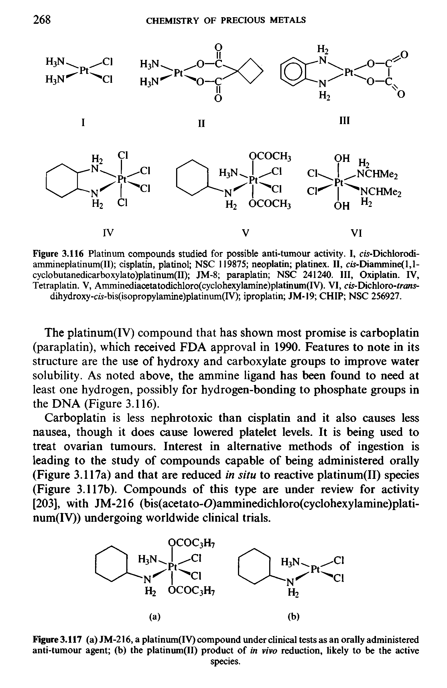 Figure 3.116 Platinum compounds studied for possible anti-tumour activity. I, cw-Dichlorodi-ammineplatinum(II) cisplatin, platinol NSC 119875 neoplatin platinex. II, s-Diammine(l,l-cyclobutanedicarboxylato)platinum(II) JM-8 paraplatin NSC 241240. Ill, Oxiplatin. IV, Tetraplatin. V, Amminediacetatodichloro(cyclohexylamine)platinum(IV). VI, cis-Dichloro-trans-dihydroxy-cu-bis(isopropylamine)platinum(IV) iproplatin JM-19 CHIP NSC 256927.