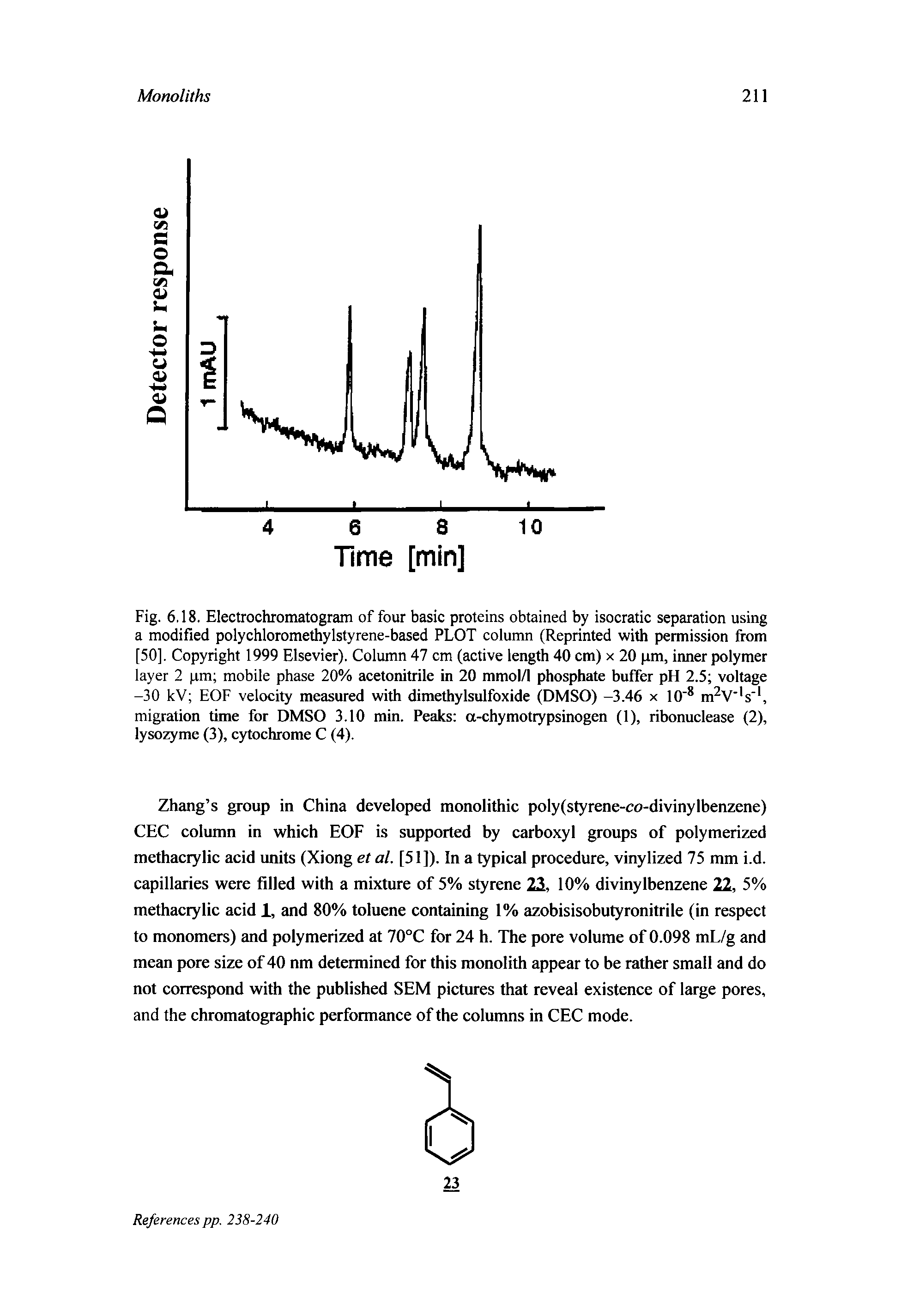 Fig. 6.18. Electrochromatogram of four basic proteins obtained by isocratic separation using a modified polychloromethylstyrene-based PLOT column (Reprinted with permission from [50]. Copyright 1999 Elsevier). Column 47 cm (active length 40 cm) x 20 pm, inner polymer layer 2 pm mobile phase 20% acetonitrile in 20 mmol/1 phosphate buffer pH 2.5 voltage -30 kV EOF velocity measured with dimethylsulfoxide (DMSO) -3.46 x 10"8 m2V ls 1, migration time for DMSO 3.10 min. Peaks a-chymotrypsinogen (1), ribonuclease (2), lysozyme (3), cytochrome C (4).