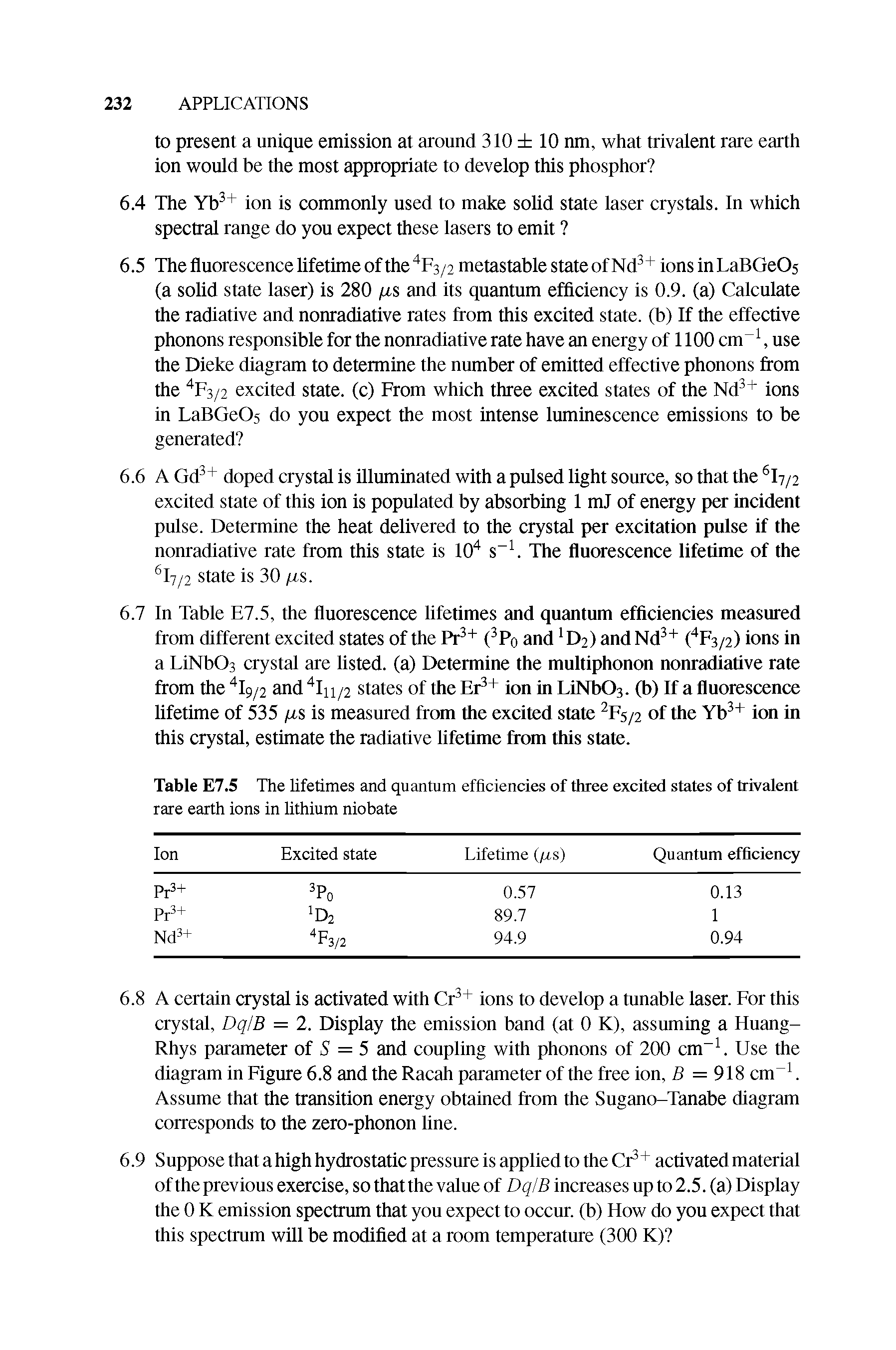 Table E7.5 The lifetimes and quantum efficiencies of three excited states of trivalent rare earth ions in lithium niobate...