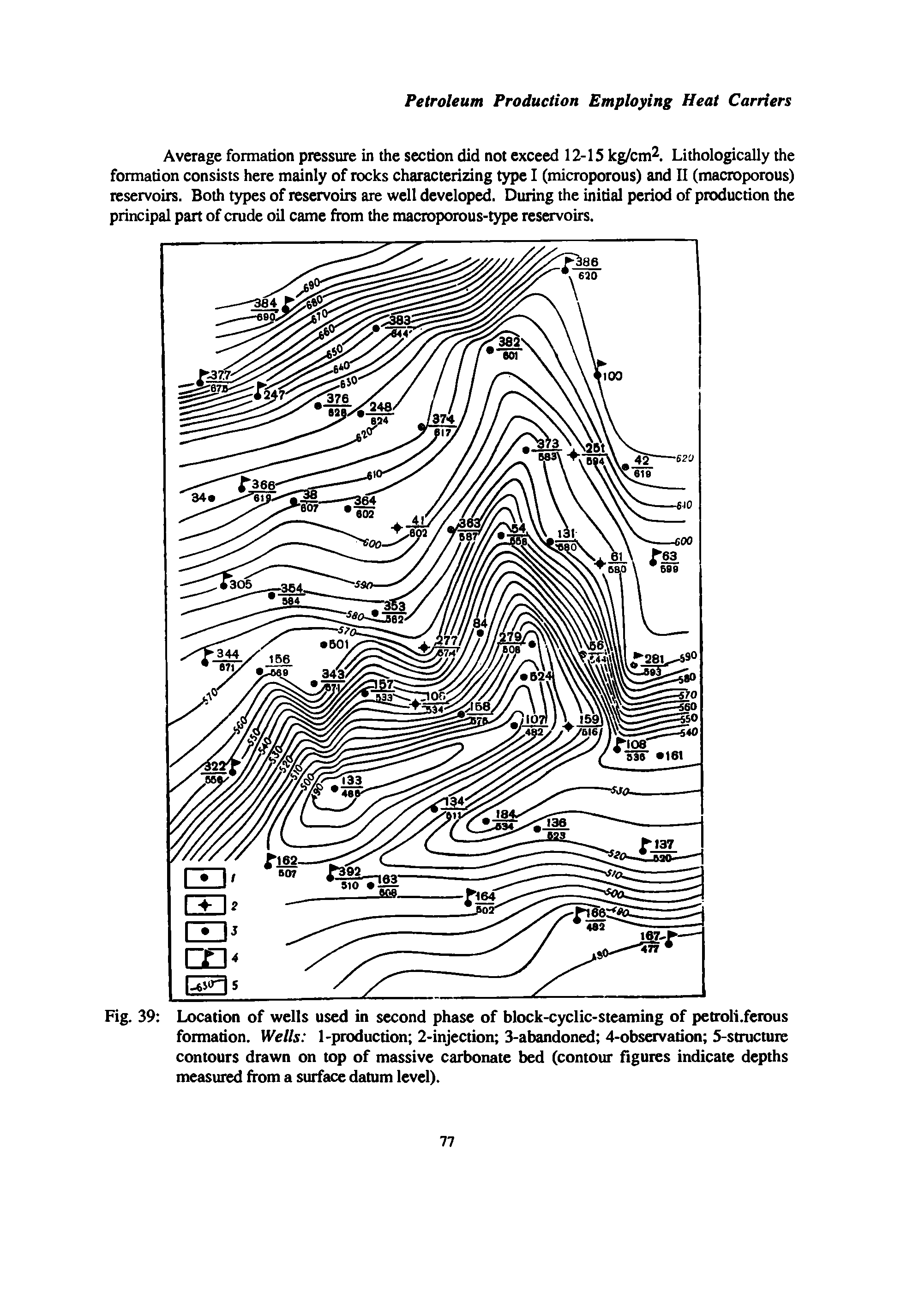 Fig. 39 Location of wells used in second phase of block-cyclic-steaming of petroli.ferous formation. Wells 1-production 2-injection 3-abandoned 4-observation S-stnicture contours drawn on top of massive carbonate bed (contour figures indicate depths measured from a surface datum level).