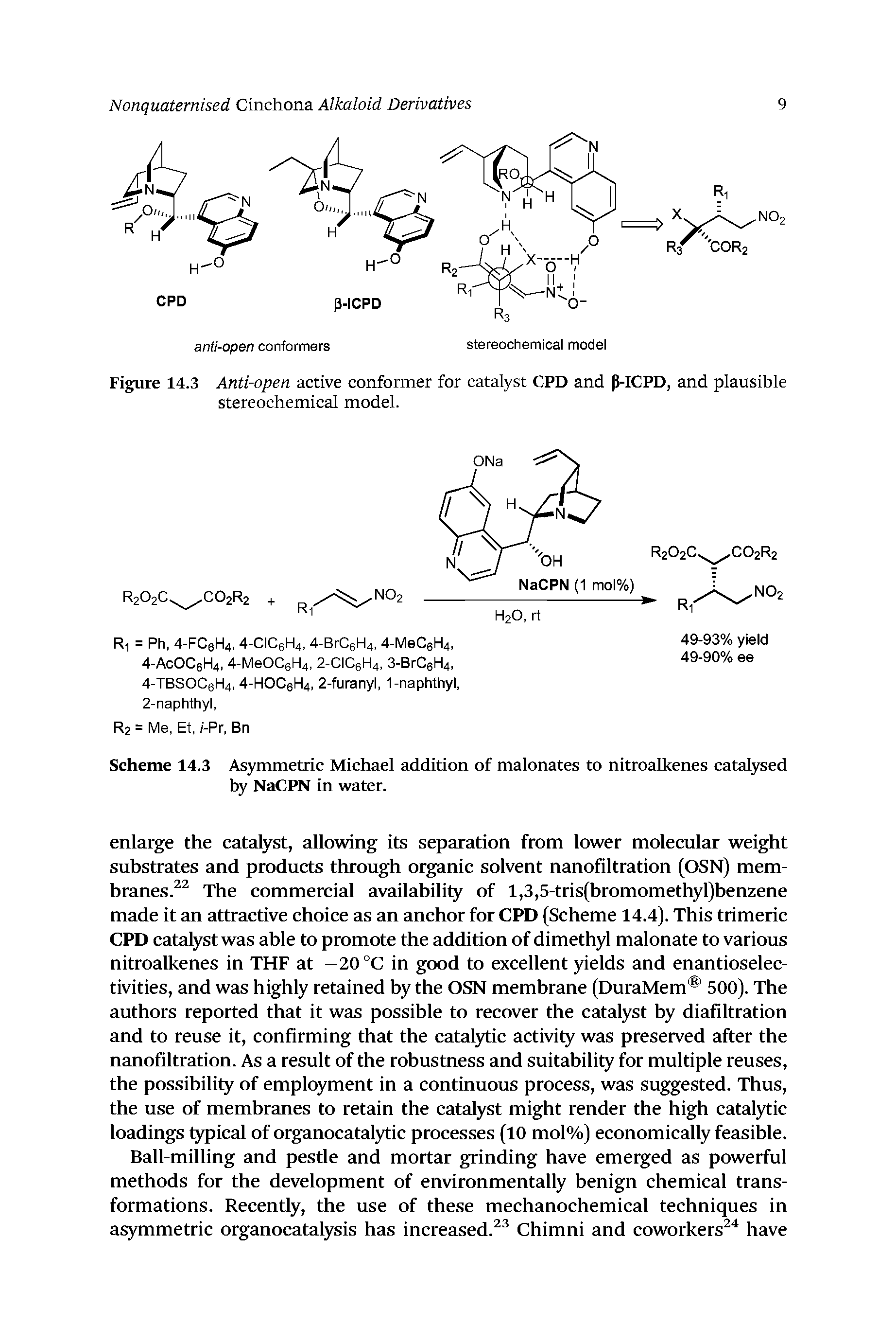 Scheme 14.3 Asymmetric Michael addition of malonates to nitroalkenes catatysed by NaCPN in water.