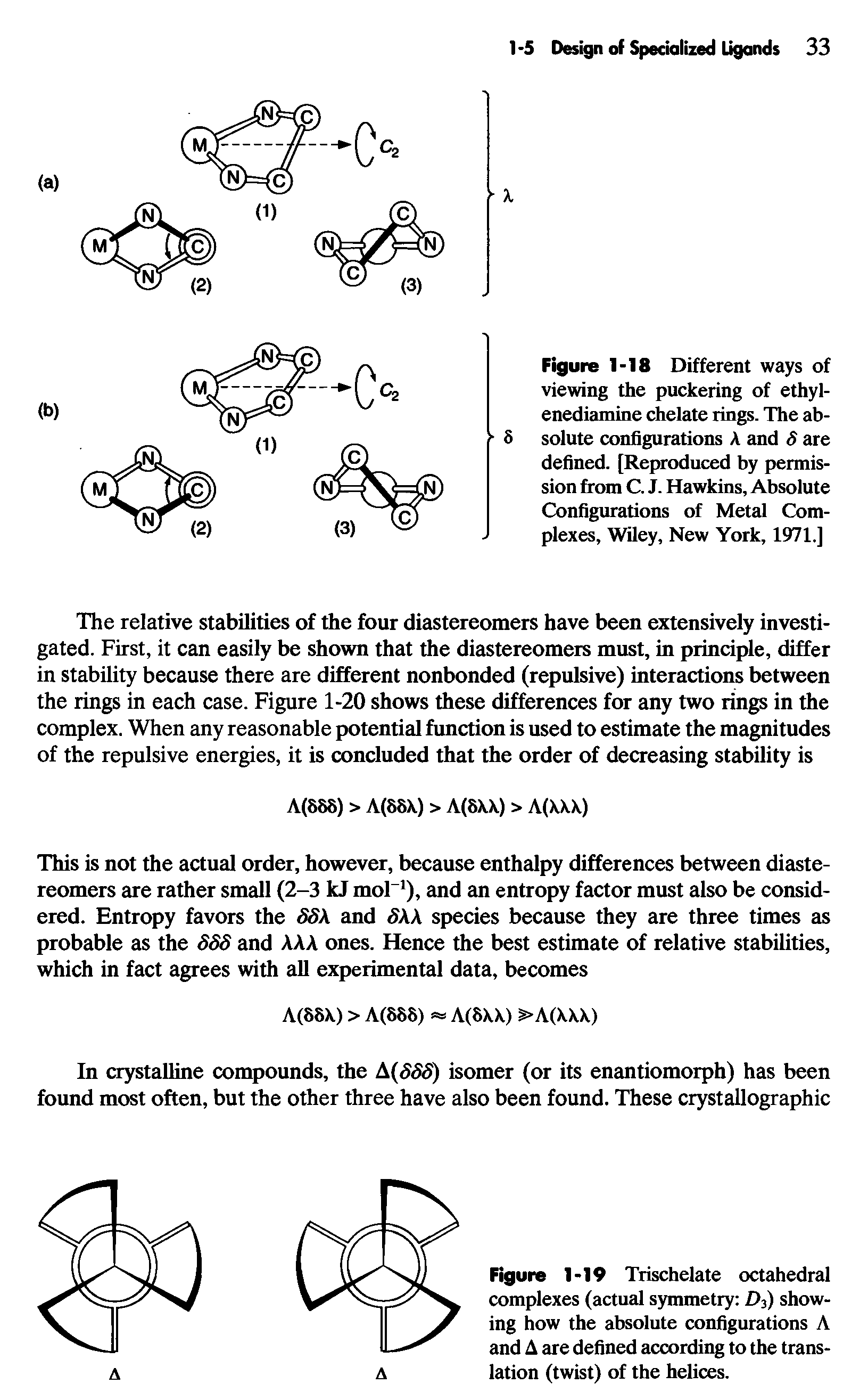 Figure 1-18 Different ways of viewing the puckering of ethyl-enediamine chelate rings. The ab-S solute configurations A and S are defined. [Reproduced by permission from C. J. Hawkins, Absolute Configurations of Metal Complexes, Wiley, New York, 1971.]...
