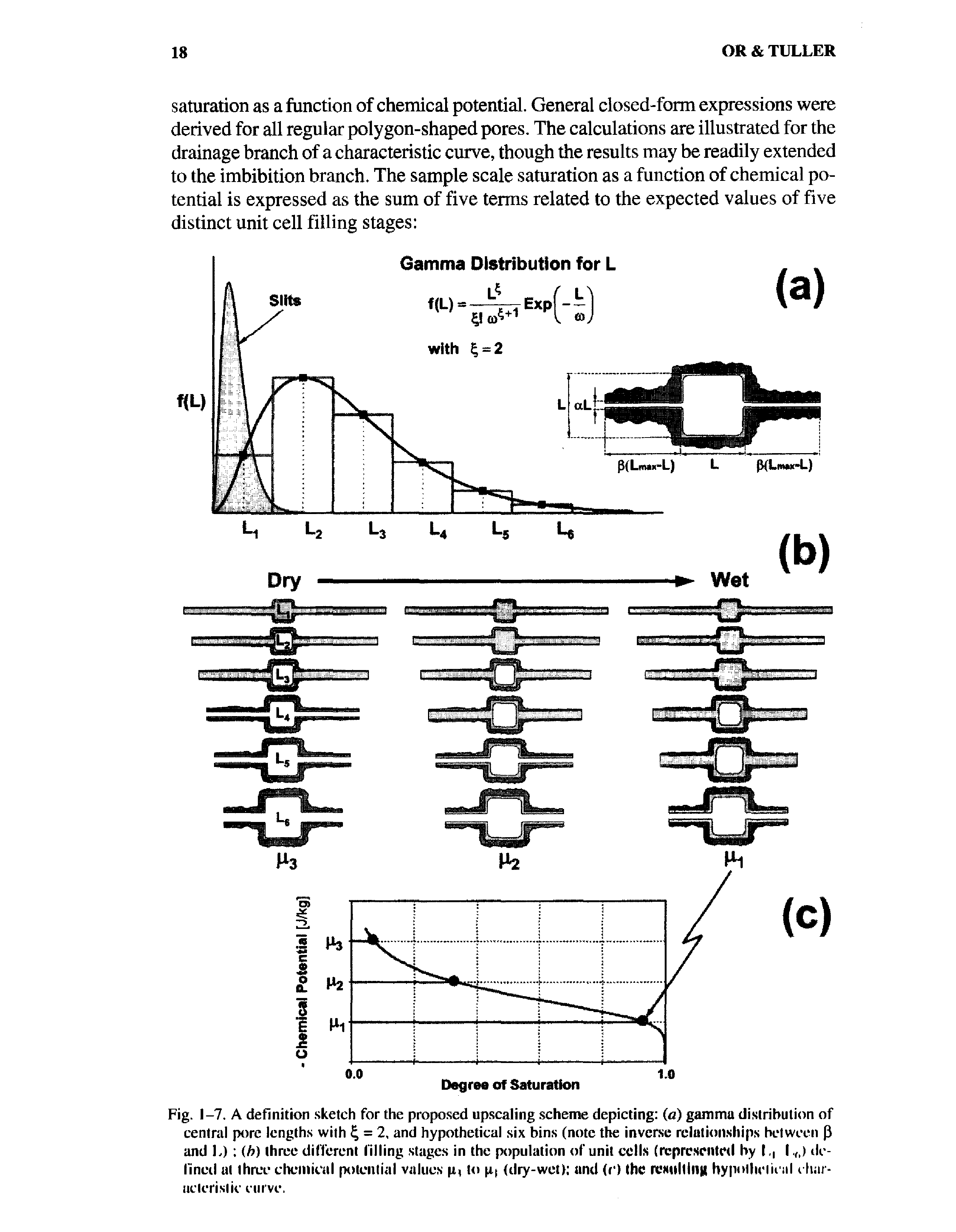 Fig. 1-7. A definition sketch for the proposed upscaling scheme depicting (a) gamma distribution of central pore lengths with % = 2, and hypothetical six bins (note the inverse relationships between 3 and 1.) (b) three different filling stages in the population of unit cells (represented by l. l.fl) defined at three chemical potential values to g (dry-wet) and (e) the rcNtdllng hypothetical characteristic curve.