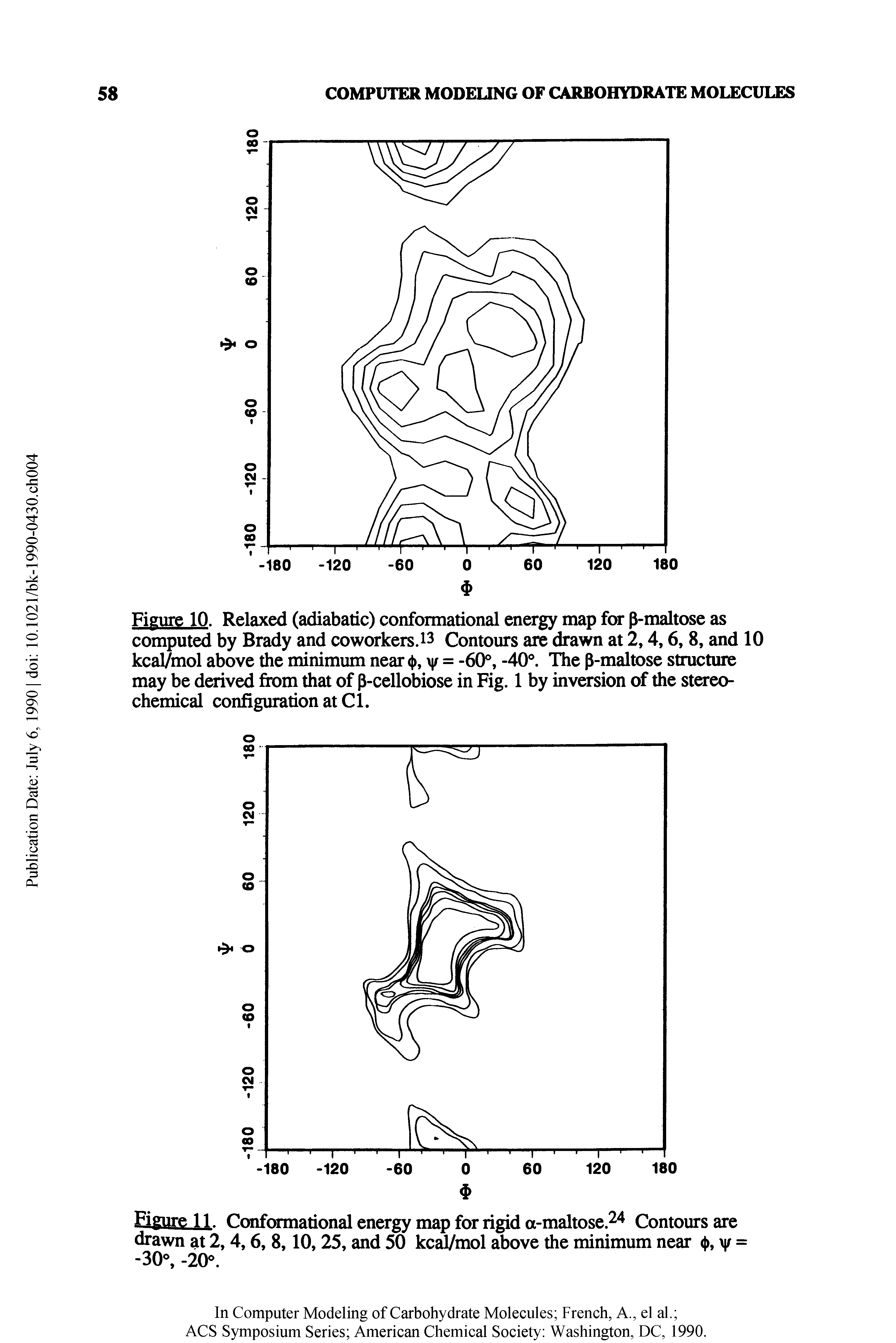 Figure 10. Relaxed (adiabatic) conformational energy map for p-maltose as computed by Brady and coworkers.i3 Contours are drawn at 2,4,6, 8, and 10 kcal/mol above the minimum near < ), y = -60°, -40°. The p-maltose structure may be derived from that of p-cellobiose in Fig. 1 by inversion of the stereochemical configuration at Cl.