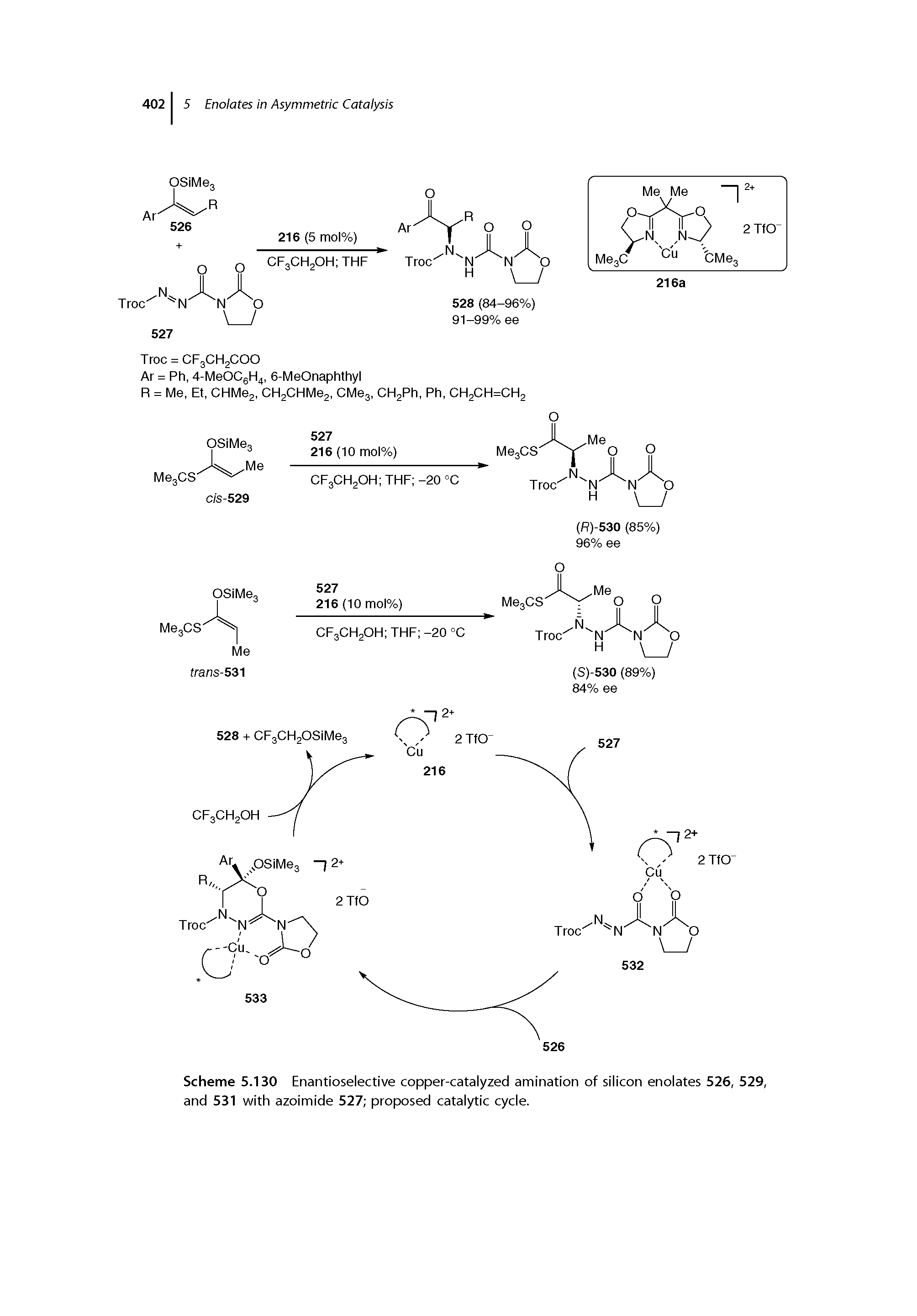 Scheme 5.130 Enantioselective copper-catalyzed amination of silicon enolates 526, 529, and 531 with azoimide 527 proposed catalytic cycle.