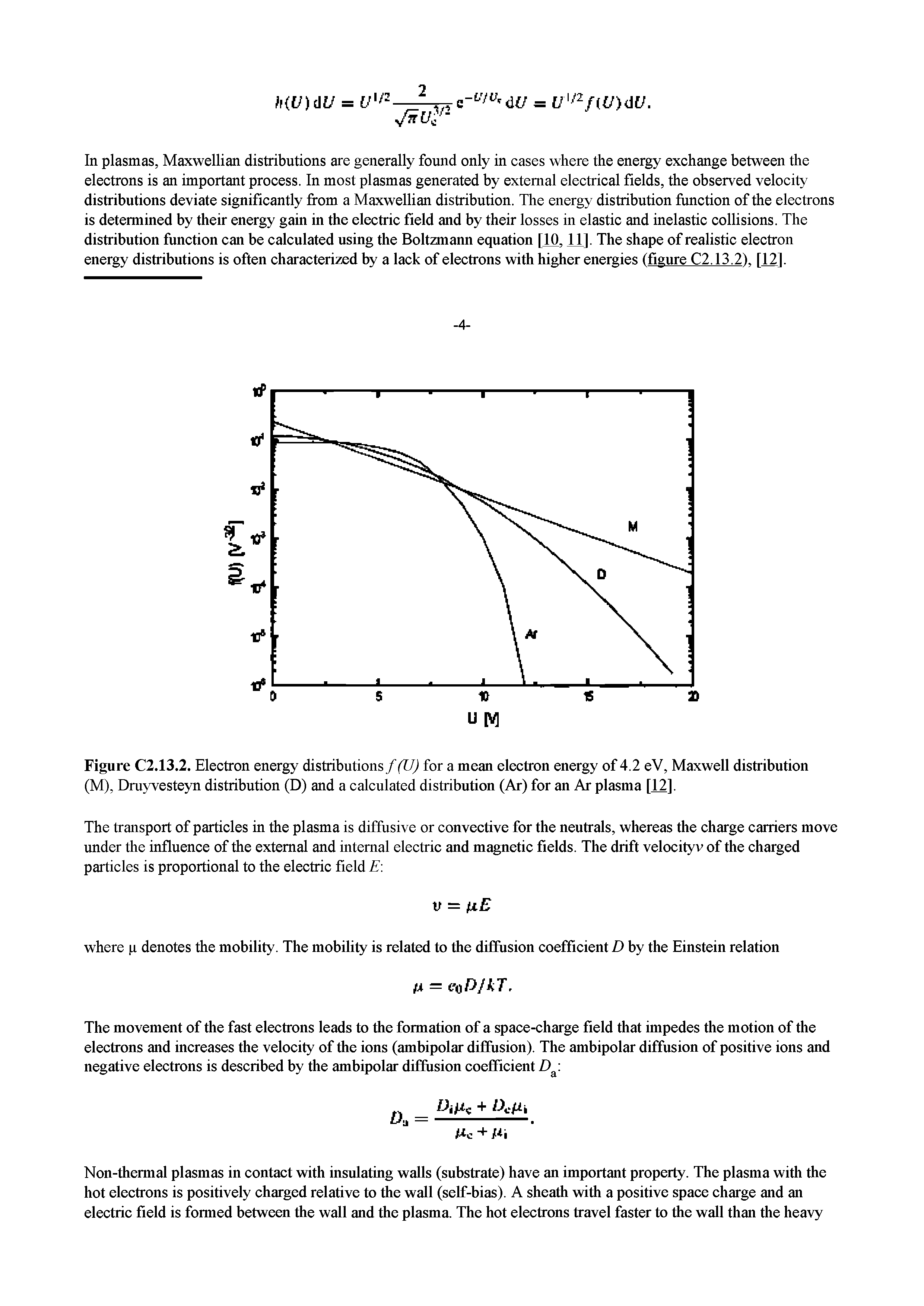 Figure C2.13.2. Eleetron energy distributions f (U)iox a mean electron energy of 4.2 eV, Maxwell distribution (M), Druyvesteyn distribution (D) and a calculated distribution (Ar) for an Ar plasma [12].