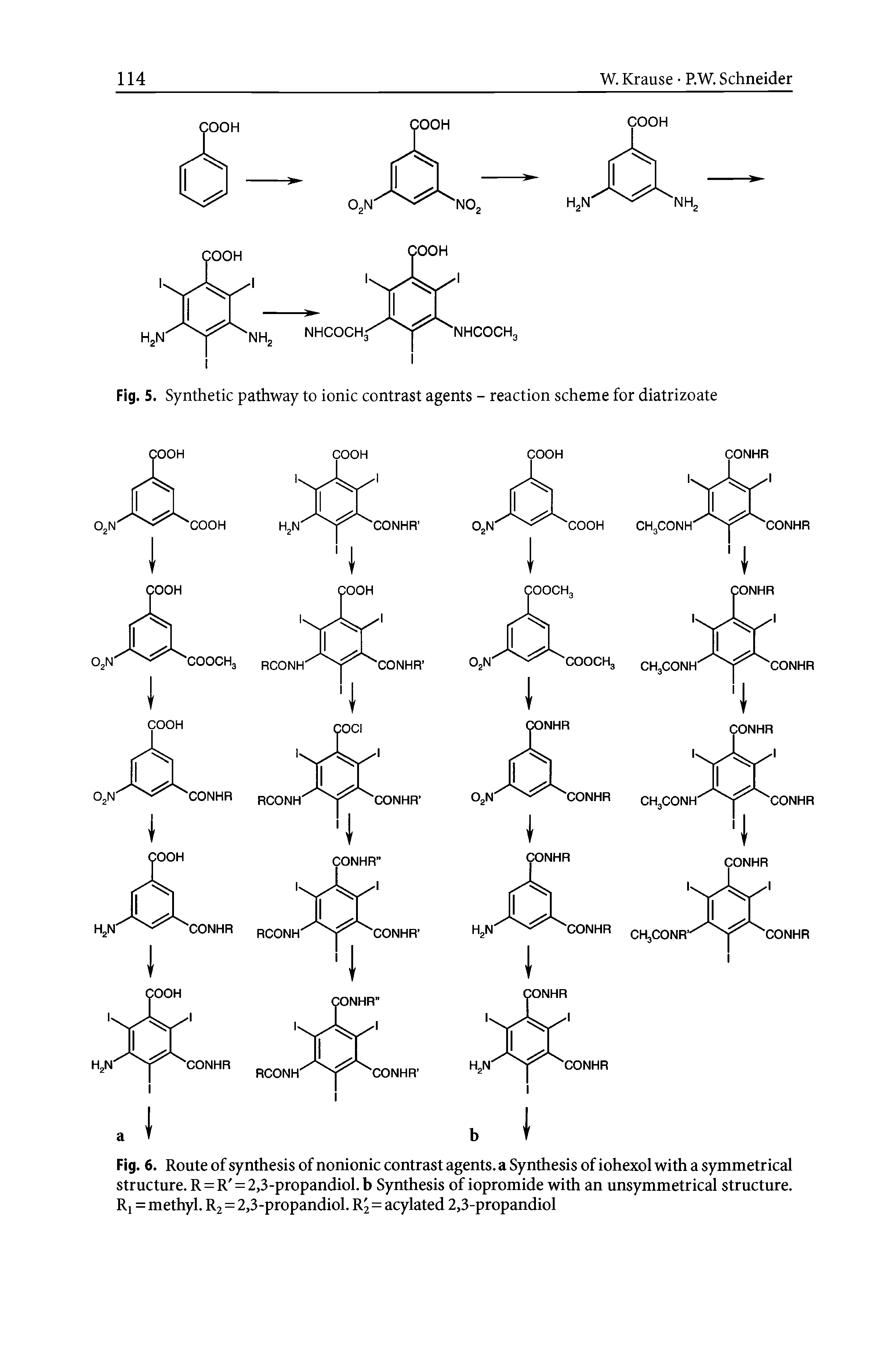 Fig. 6. Route of synthesis of nonionic contrast agents, a Synthesis of iohexol with a symmetrical structure. R = R = 2,3-propandiol.b Synthesis of iopromide with an unsymmetrical structure. Ri = methyl. R2 = 2,3-propandiol. R2=acylated 2,3-propandiol...