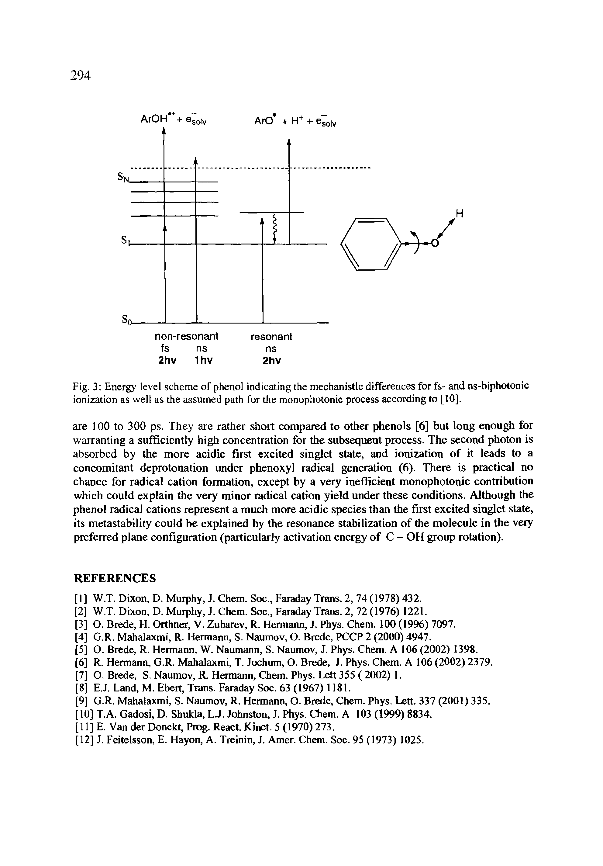 Fig. 3 Energy level scheme of phenol indicating the mechanistic differences for fs- and ns-biphotonic ionization as well as the assumed path for the monophotonic process according to [10].