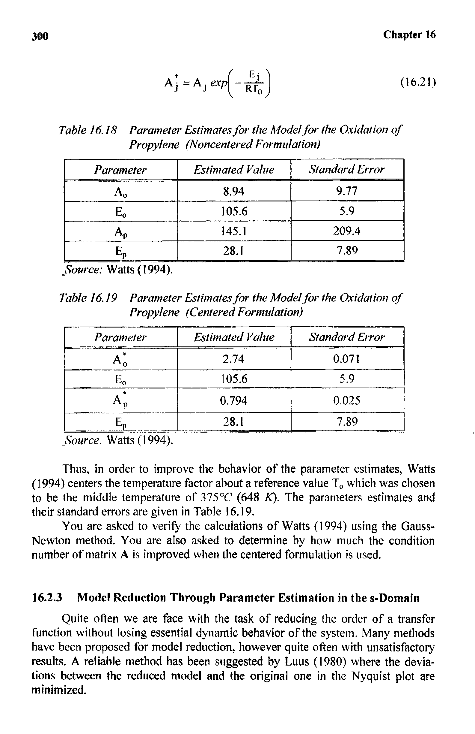 Table 16.19 Parameter Estimates for the Model for the Oxidation of Propylene (Centered Formulation)...