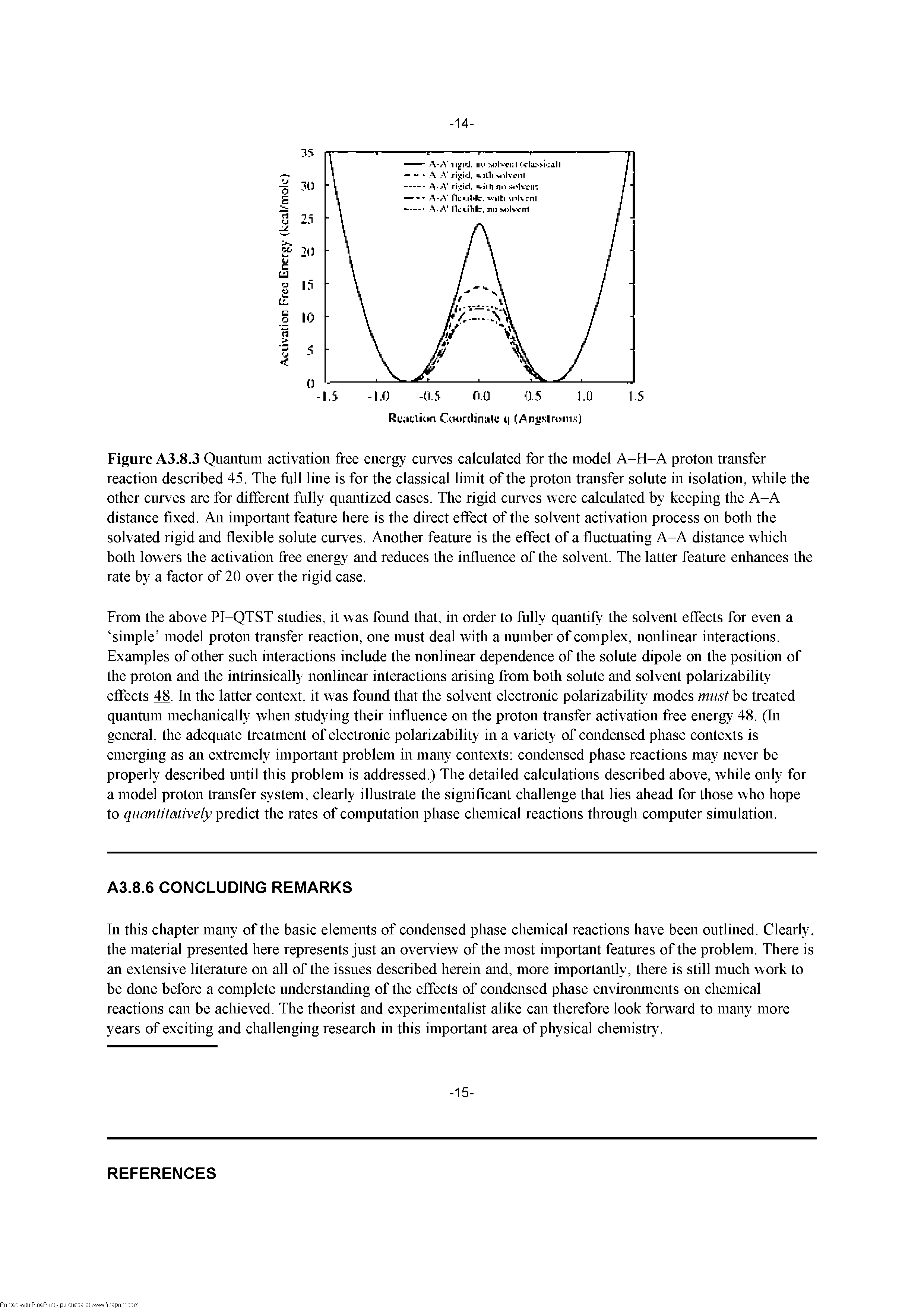 Figure A3.8.3 Quantum activation free energy curves calculated for the model A-H-A proton transfer reaction described 45. The frill line is for the classical limit of the proton transfer solute in isolation, while the other curves are for different fully quantized cases. The rigid curves were calculated by keeping the A-A distance fixed. An important feature here is the direct effect of the solvent activation process on both the solvated rigid and flexible solute curves. Another feature is the effect of a fluctuating A-A distance which both lowers the activation free energy and reduces the influence of the solvent. The latter feature enliances the rate by a factor of 20 over the rigid case.