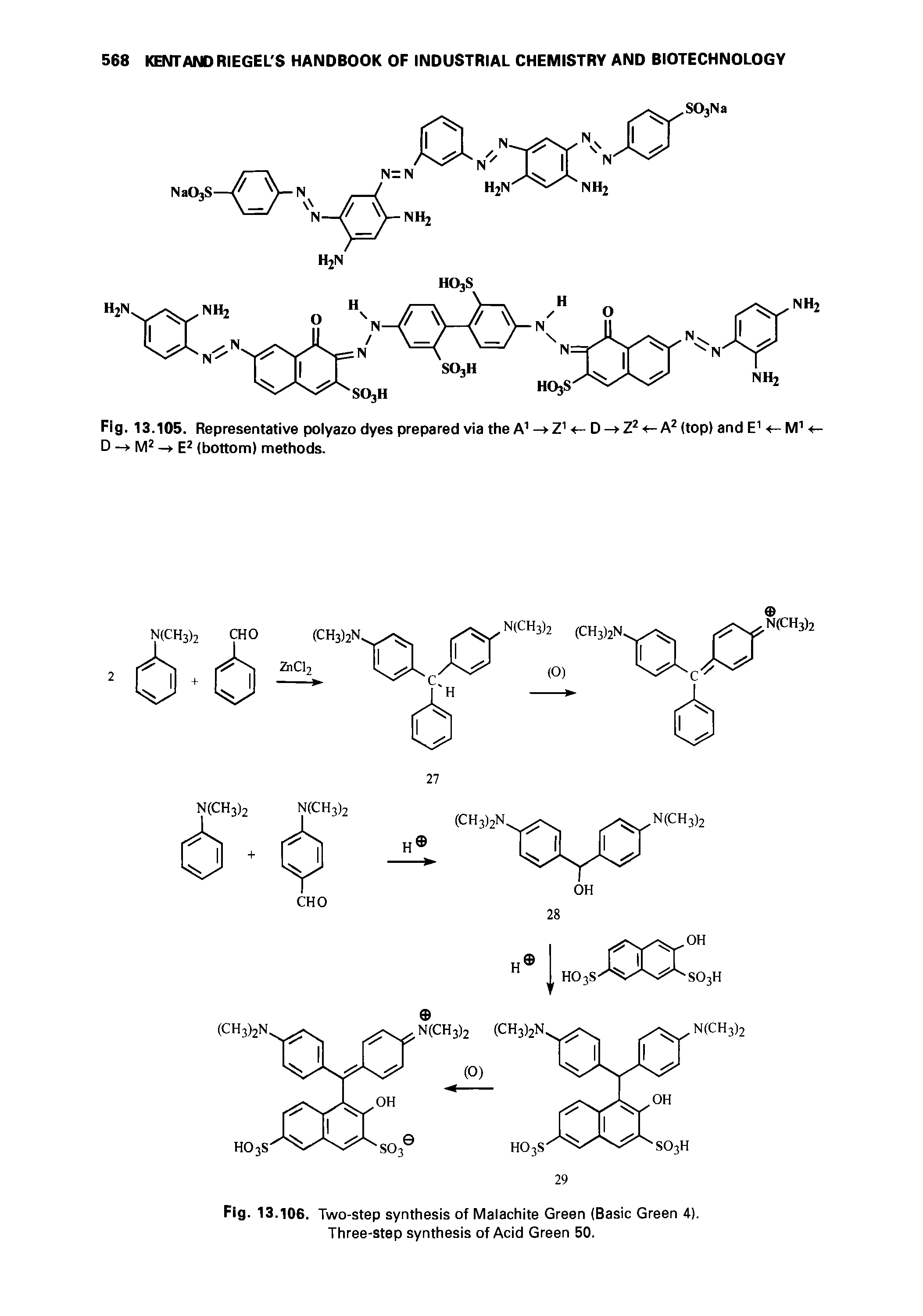 Fig. 13.106. Two-step synthesis of Malachite Green (Basic Green 4). Three-step synthesis of Acid Green 50.
