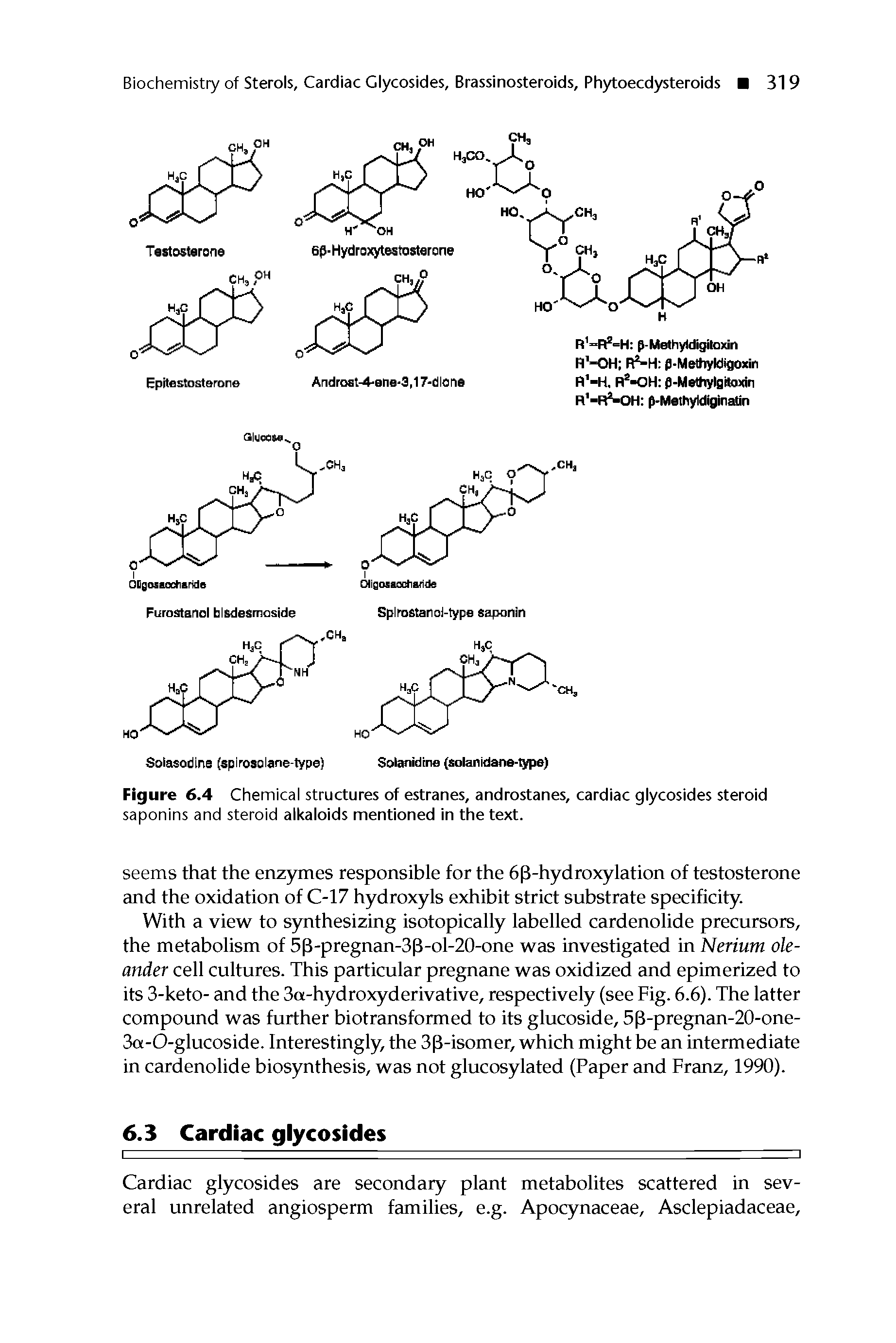 Figure 6.4 Chemical structures of estranes, androstanes, cardiac glycosides steroid saponins and steroid alkaloids mentioned in the text.