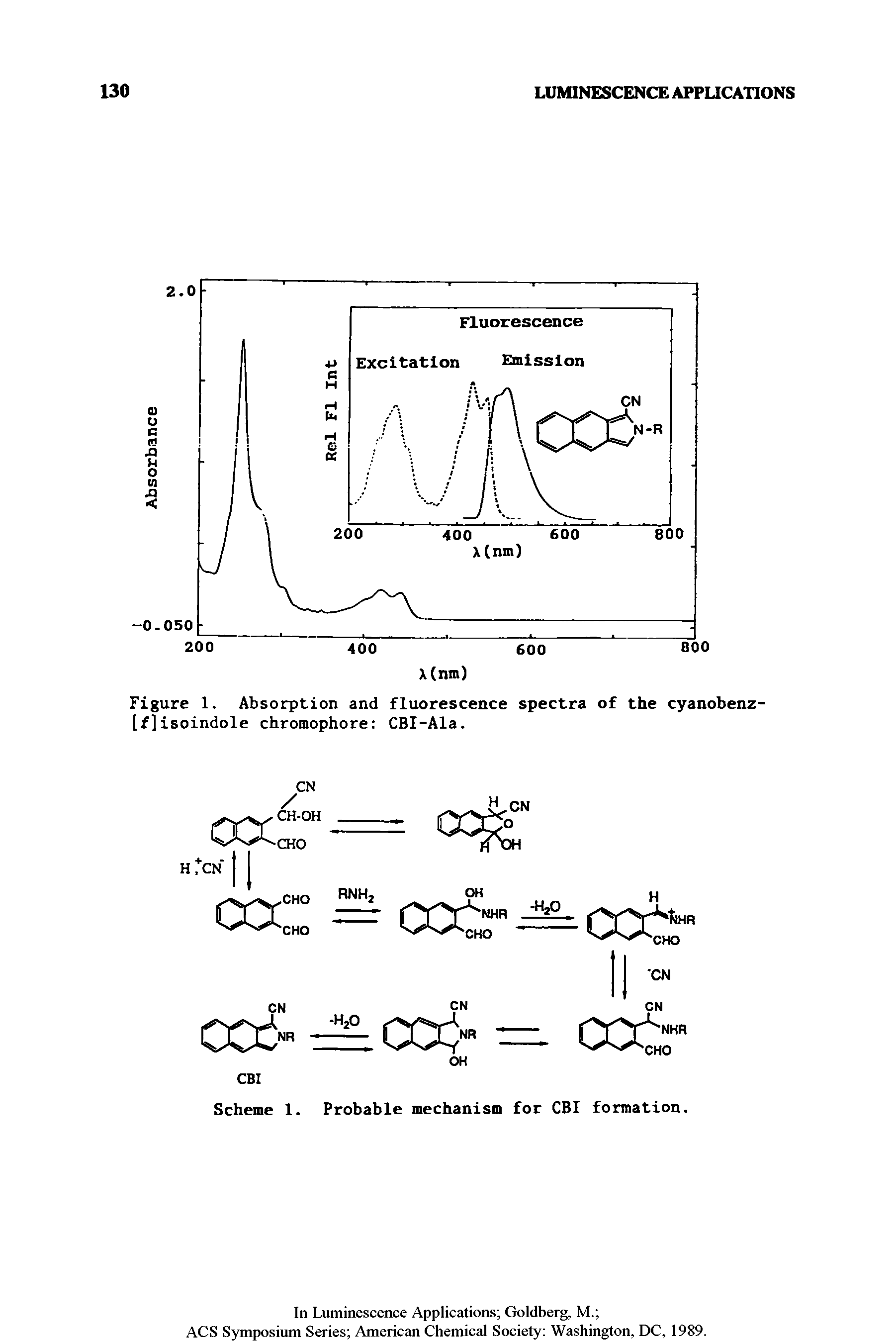 Figure 1. Absorption and fluorescence spectra of the cyanobenz-[f]isoindole chromophore CBI-Ala.