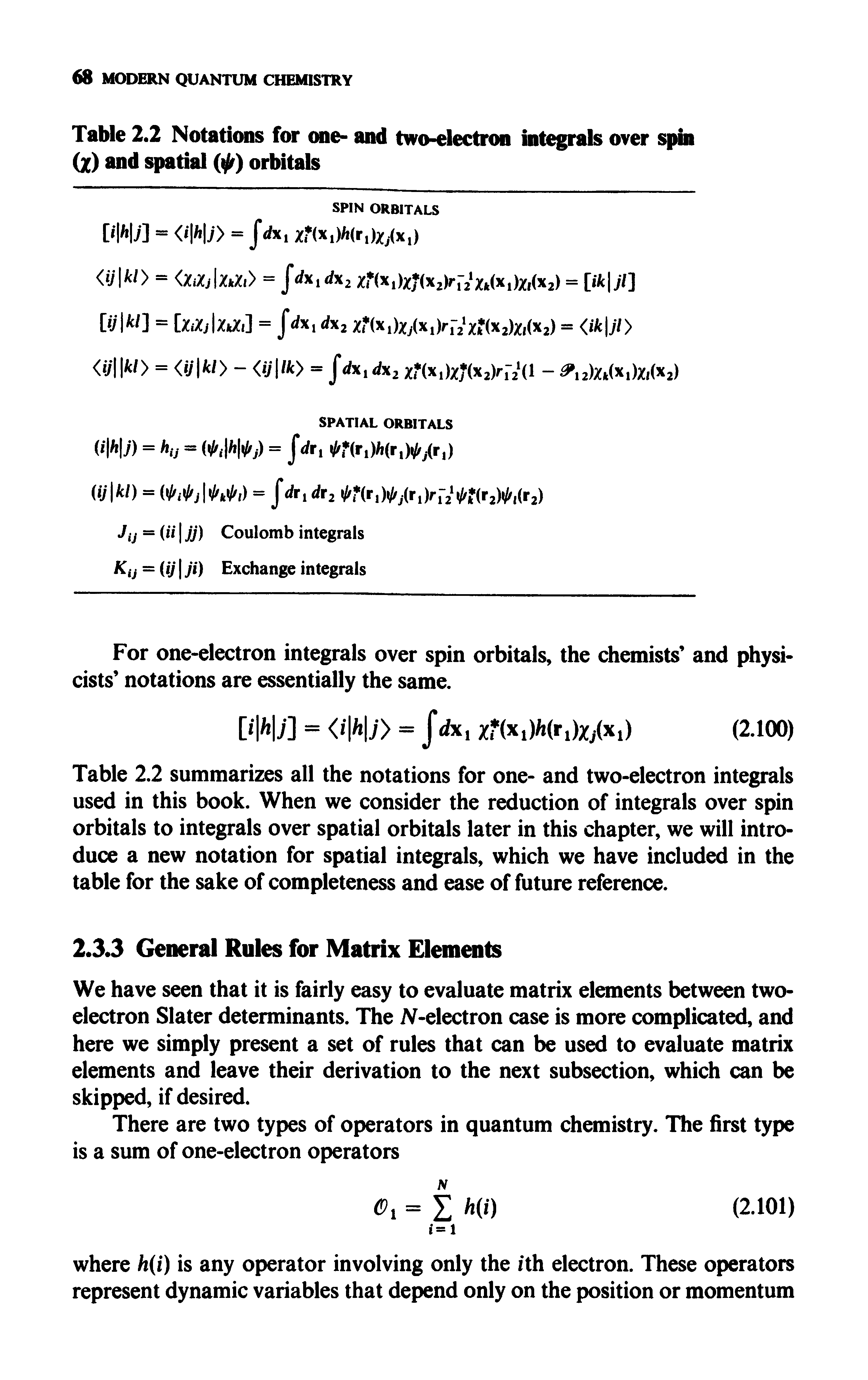 Table 2.2 Notations for one- and two-dectron integrals over spin (Z) and spatial ( ) orbitals...