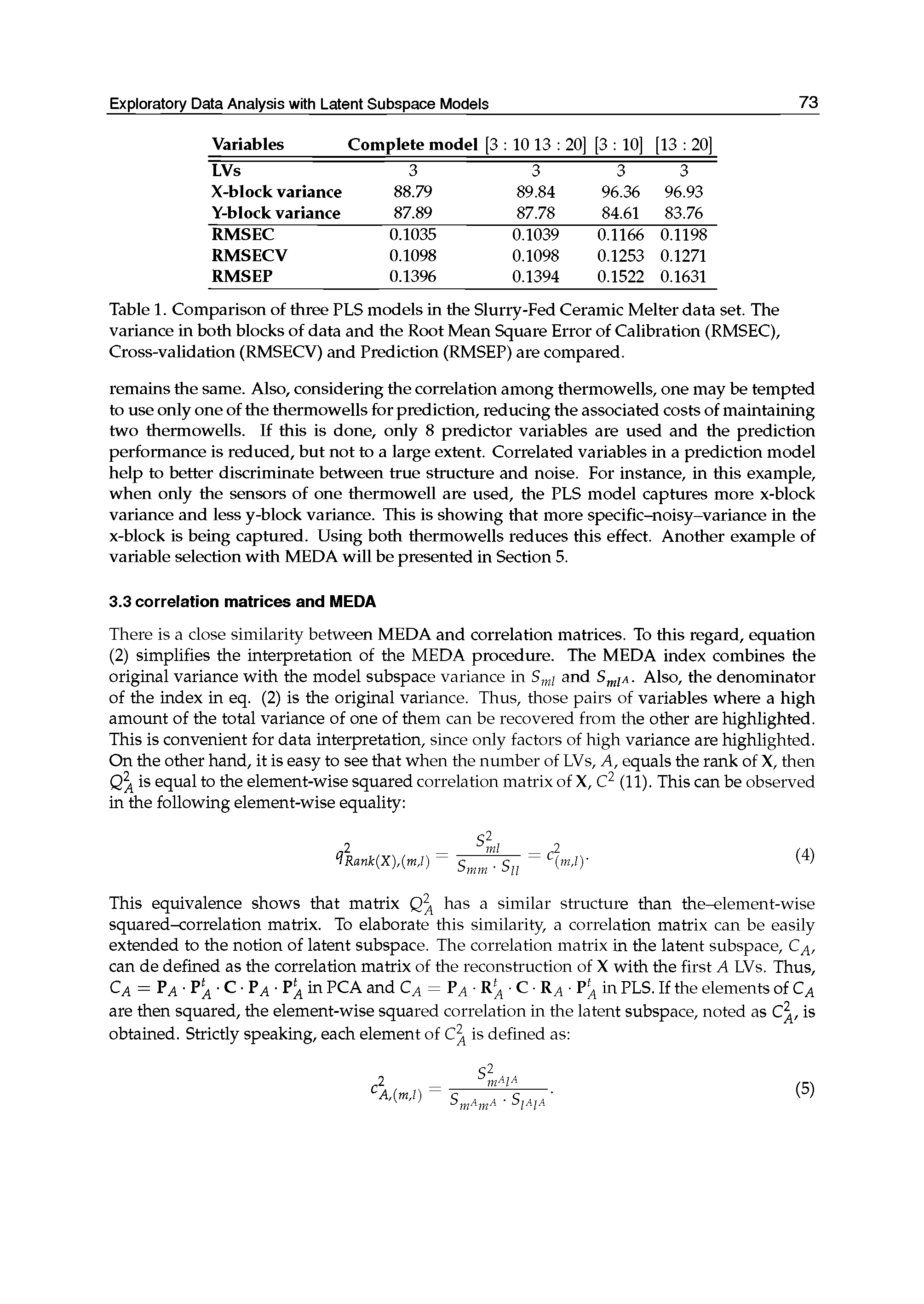 Table 1. Comparison of three PLS models in the Slurry-Fed Ceramic Melter data set. The variance in both blocks of data and the Root Mean Square Error of Calibration (RMSEC), Cross-validation (RMSECV) and Prediction (RMSEP) are compared.