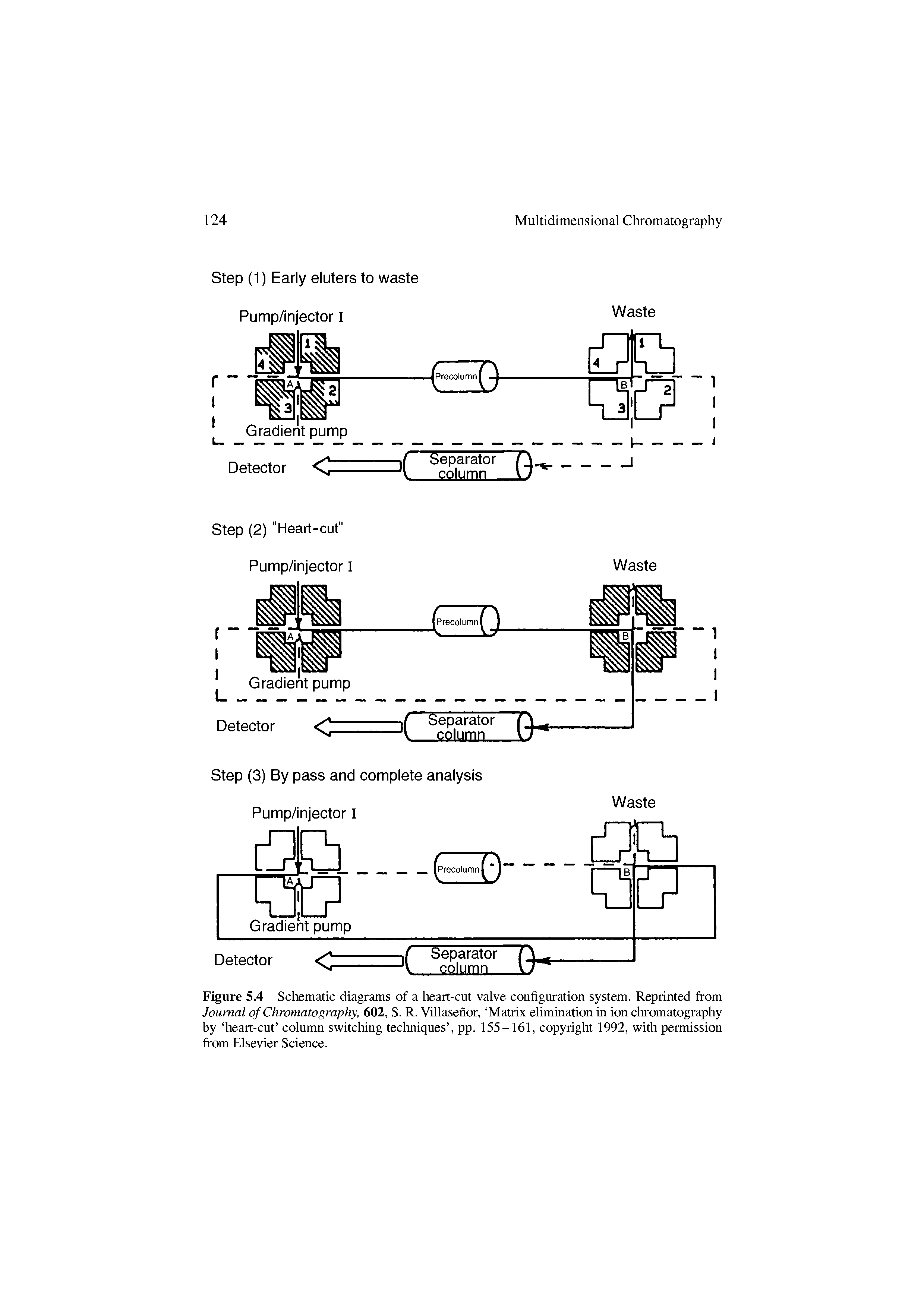 Figure 5.4 Schematic diagrams of a heait-cut valve configuration system. Reprinted from Journal of Chromatography, 602, S. R. Villasenor, Matrix elimination in ion cliromatography by heart-cut column switching techniques , pp. 155-161, copyright 1992, with permission from Elsevier Science.