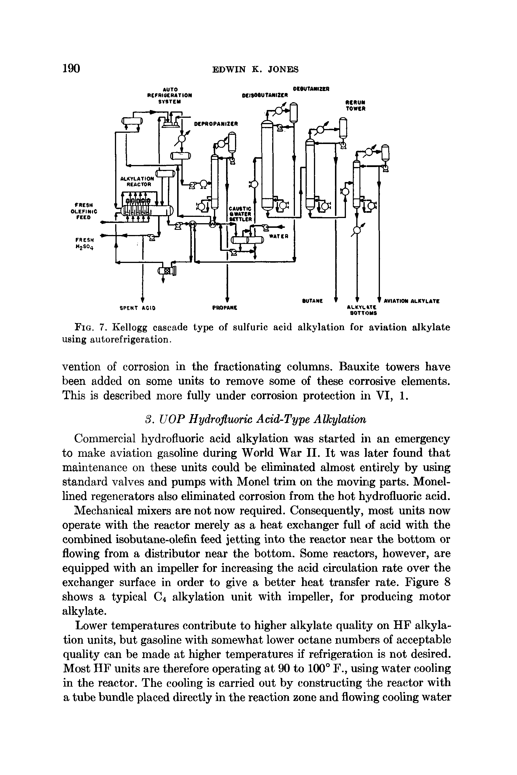 Fig. 7. Kellogg cascade type of sulfuric acid alkylation for aviation alkylate using autorefrigeration.