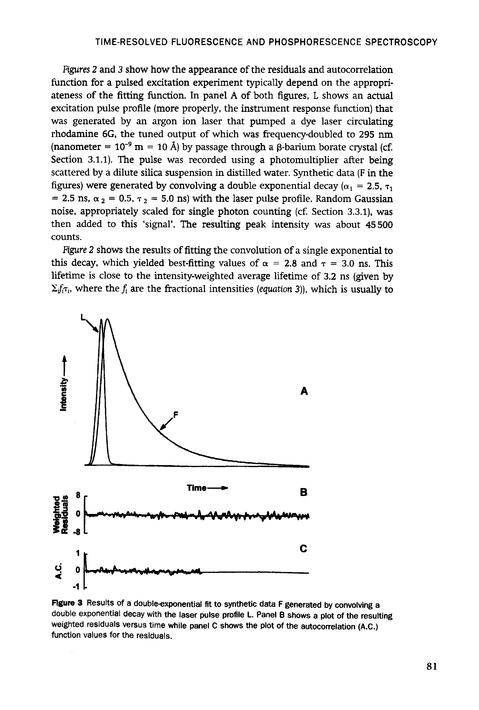Figures 2 and 3 show how the appearance of the residuals and autocorrelation function for a pulsed excitation experiment typically depend on the appropriateness of the fitting function. In panel A of both figures, L shows an actual excitation pulse profile (more properly, the instrument response function) that was generated by an argon ion laser that pumped a dye laser circulating rhodamine 6G, the tuned output of which was frequency-doubled to 295 nm (nanometer = 10" m = 10 A) by passage through a p-barium borate crystal (cf.