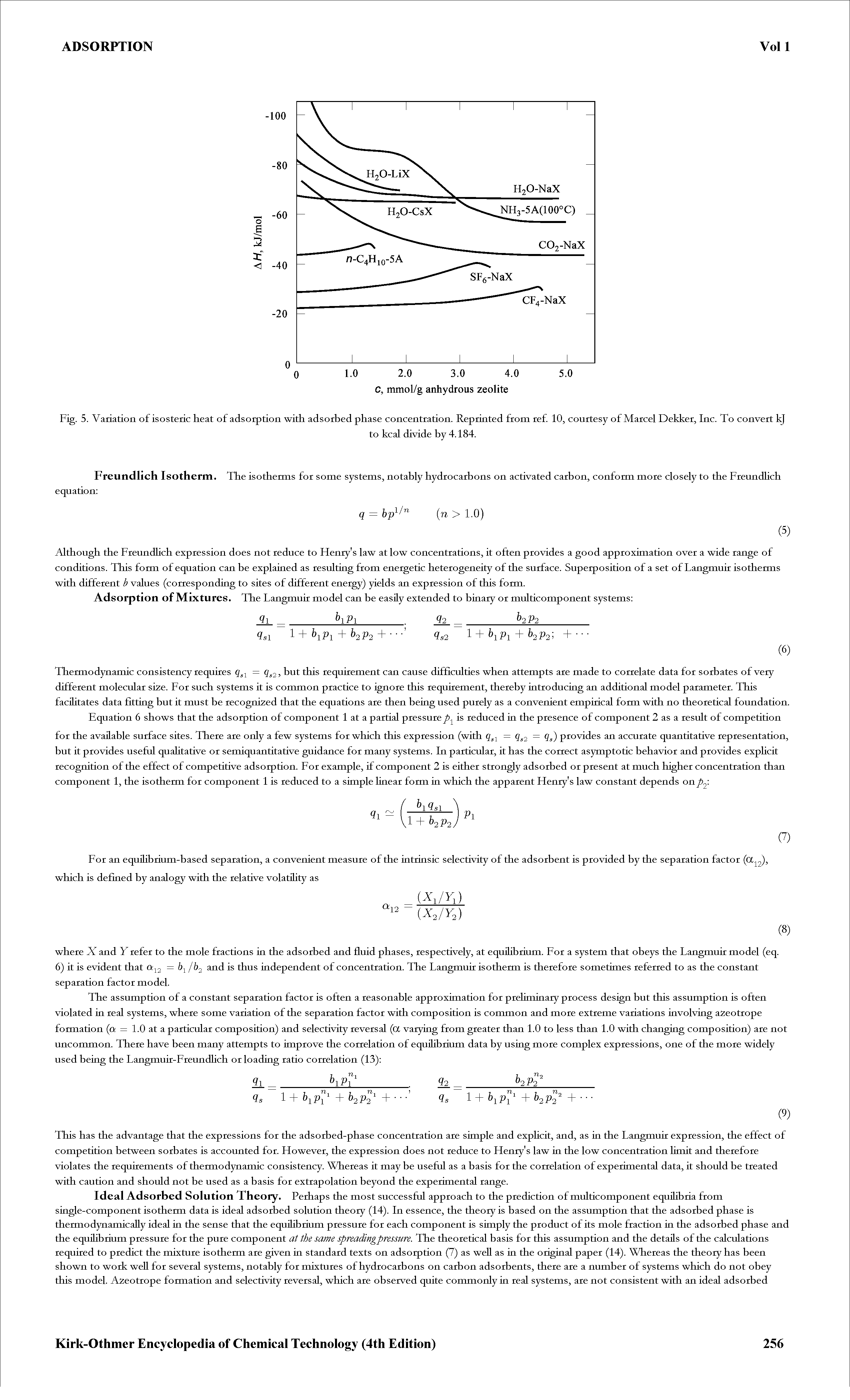 Fig. 5. Variation of isosteric heat of adsorption with adsorbed phase concentration. Reprinted from ref. 10, courtesy of Marcel Dekker, Inc. To convert kj...