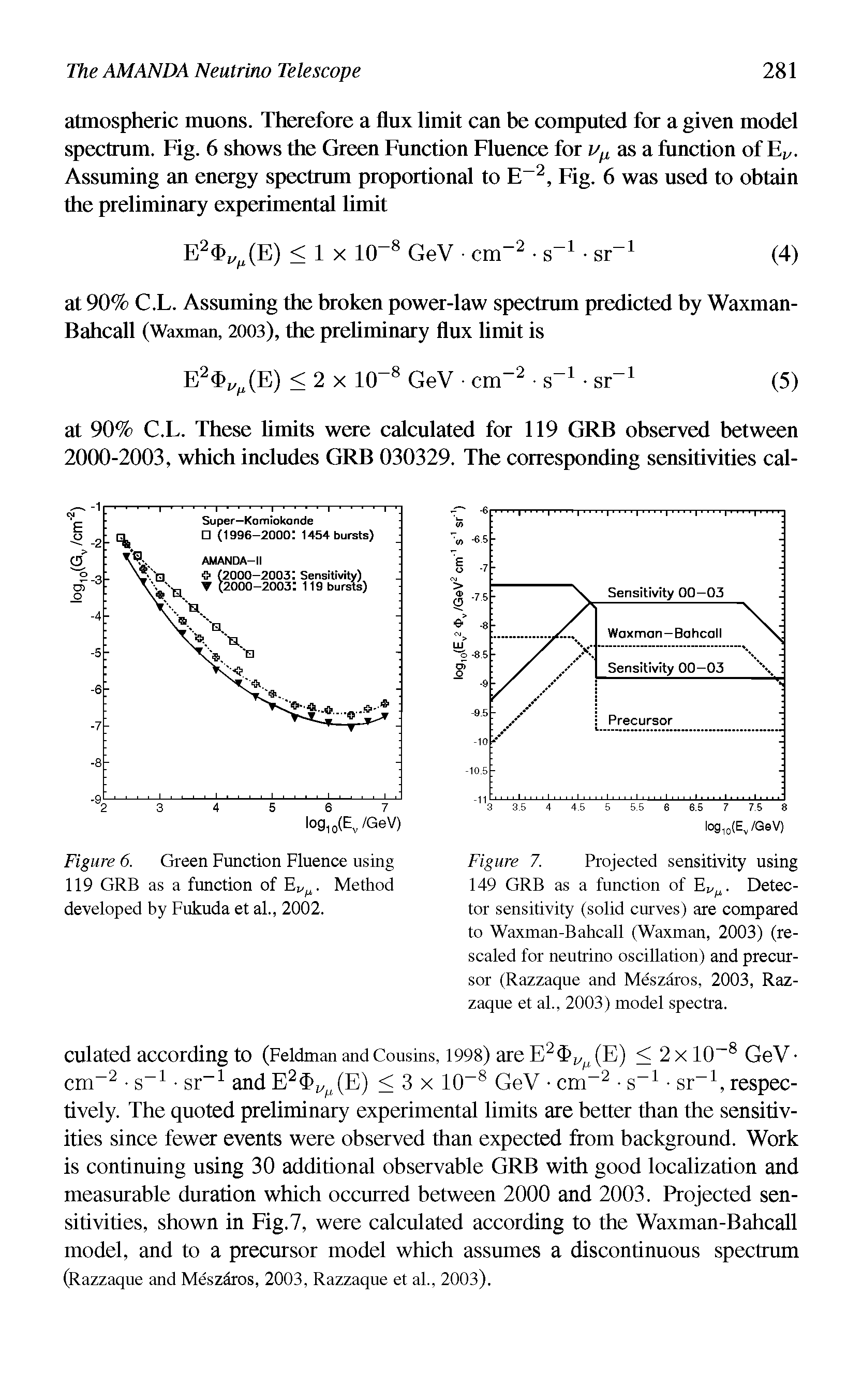 Figure 7. Projected sensitivity using 149 GRB as a function of E M. Detector sensitivity (solid curves) are compared to Waxman-Bahcall (Waxman, 2003) (rescaled for neutrino oscillation) and precursor (Razzaque and Meszaros, 2003, Raz-zaque et al., 2003) model spectra.