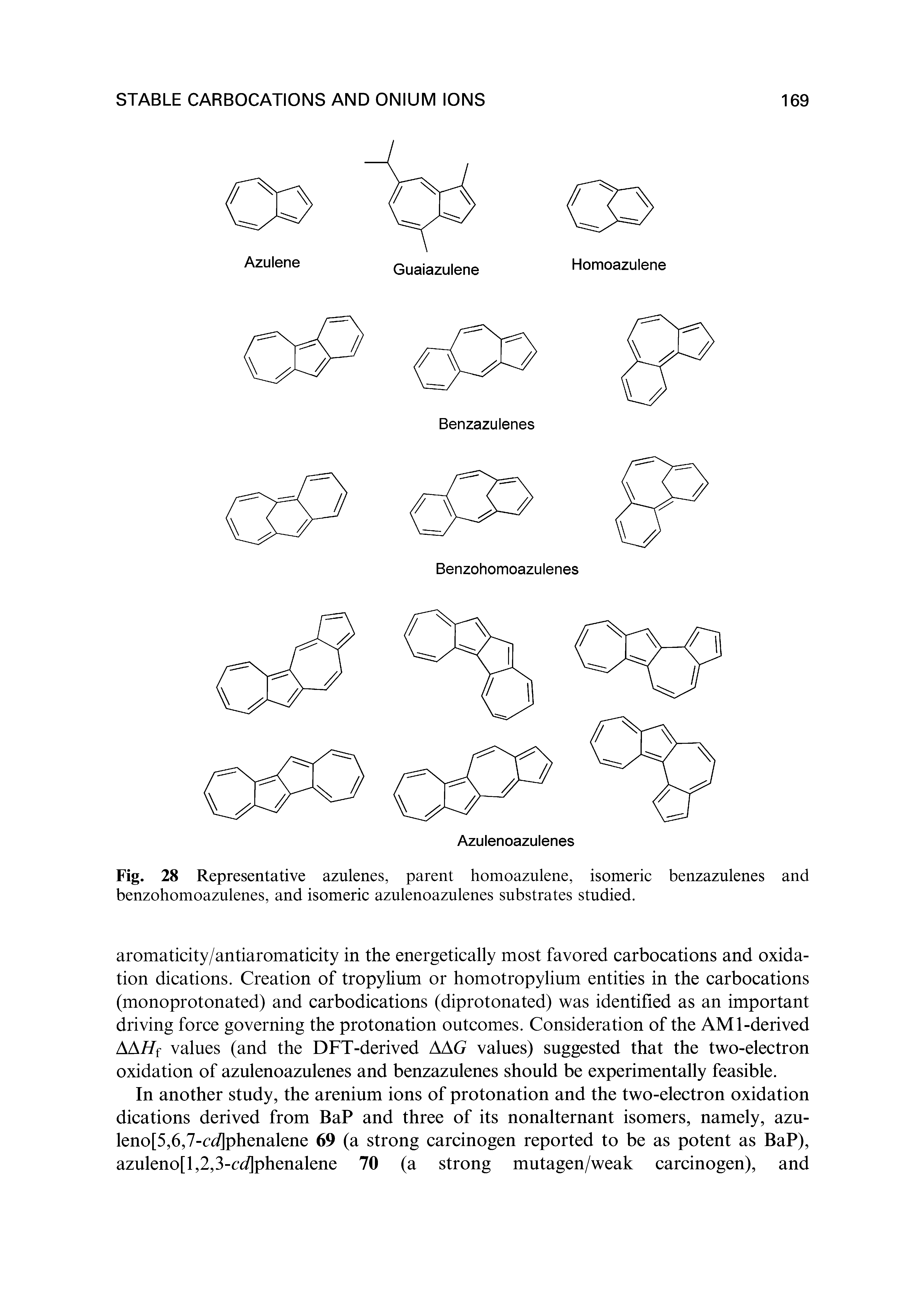 Fig. 28 Representative aznlenes, parent homoazulene, isomeric benzazulenes and benzohomoazulenes, and isomeric azulenoazulenes substrates studied.