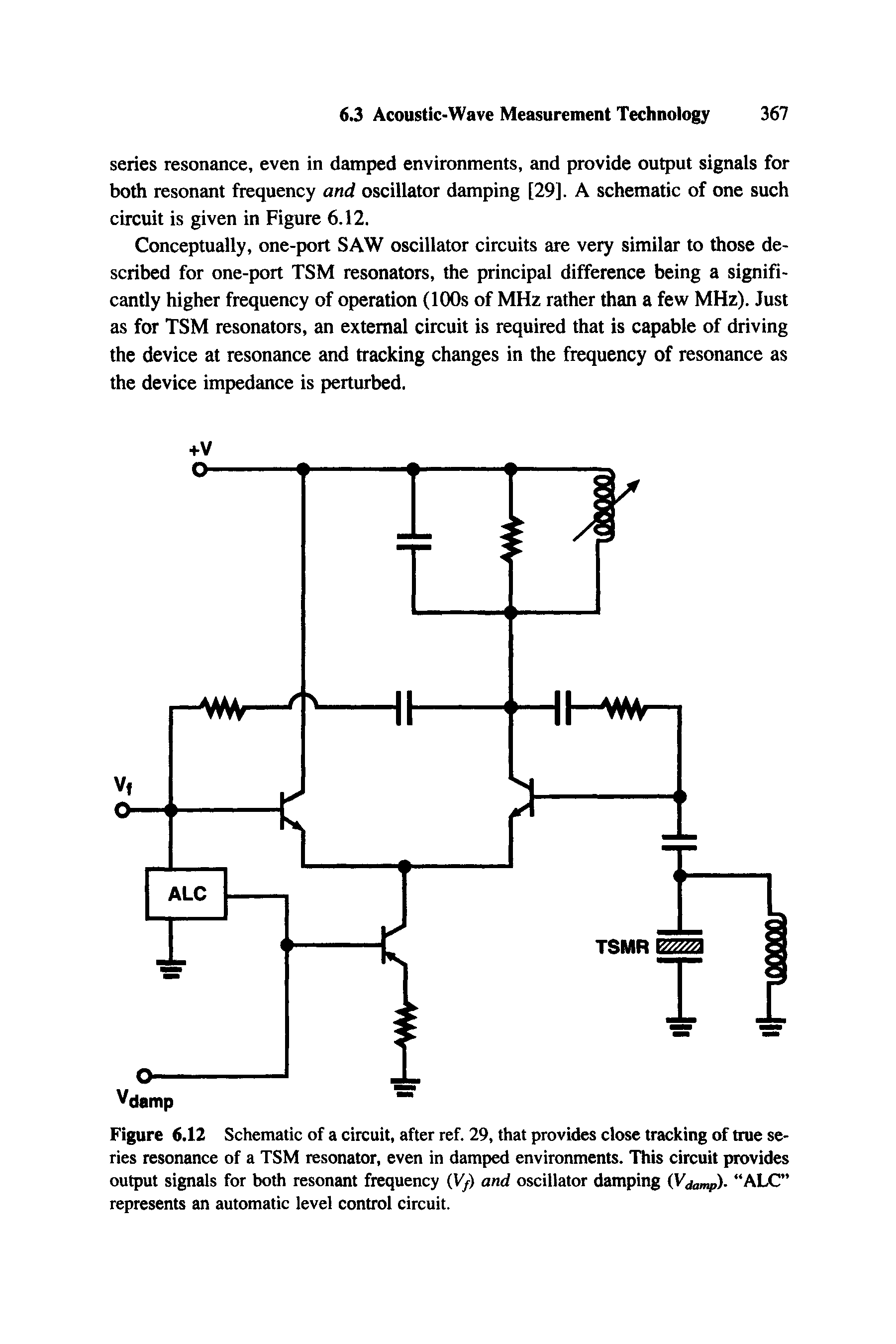 Figure 6.12 Schematic of a circuit, after ref. 29, that provides close tracking of true series resonance of a TSM resonator, even in damped environments. This circuit provides output signals for both resonant frequency (V ) and oscillator damping ALC ...