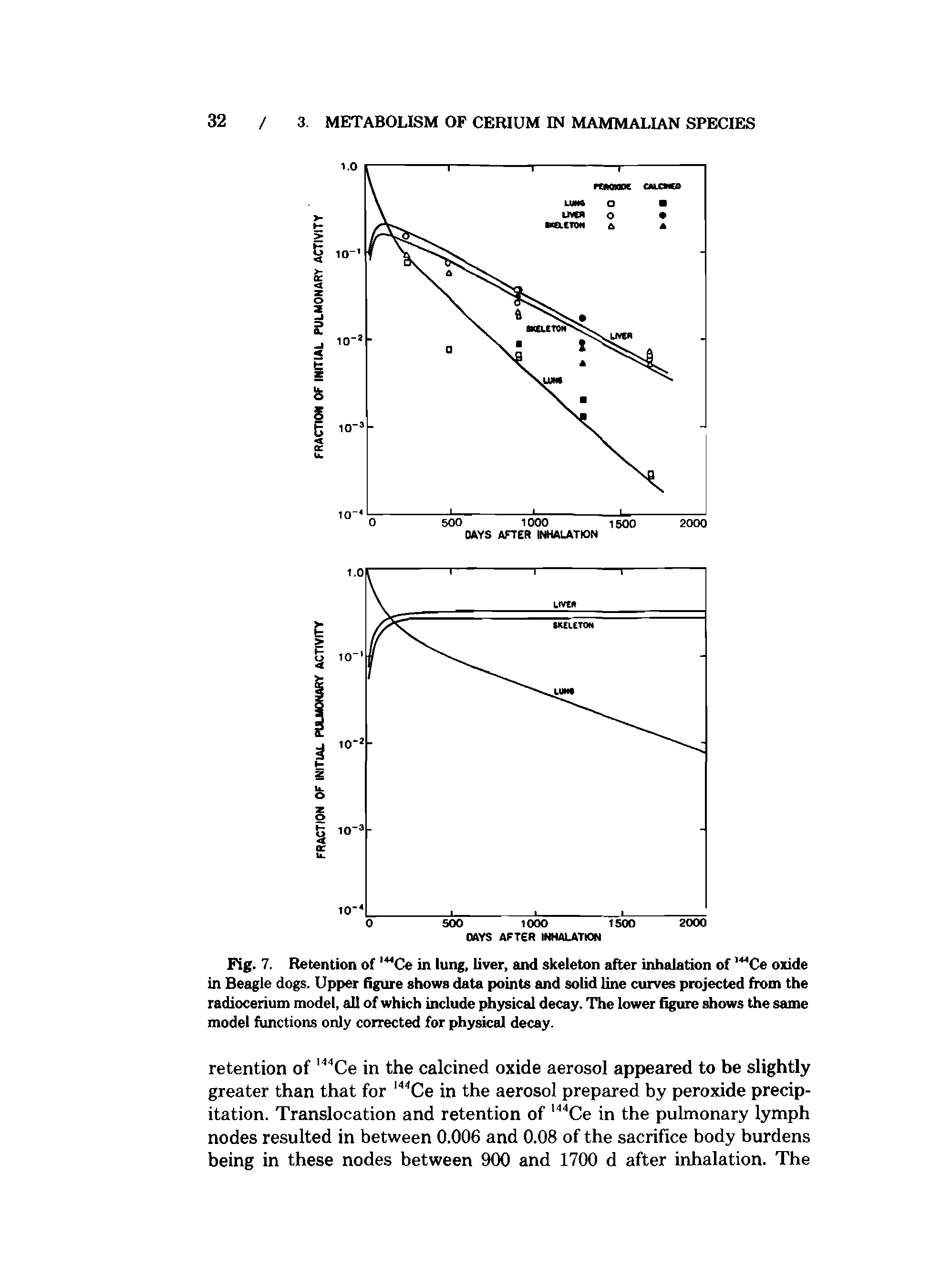 Fig. 7. Retention of mCe in lung, liver, and skeleton after inhalation of 1,MCe oxide in Beagle dogs. Upper figure shows data points and solid line curves projected from the radiocerium model, all of which include physical decay. The lower figure shows the same model functions only corrected for physical decay.
