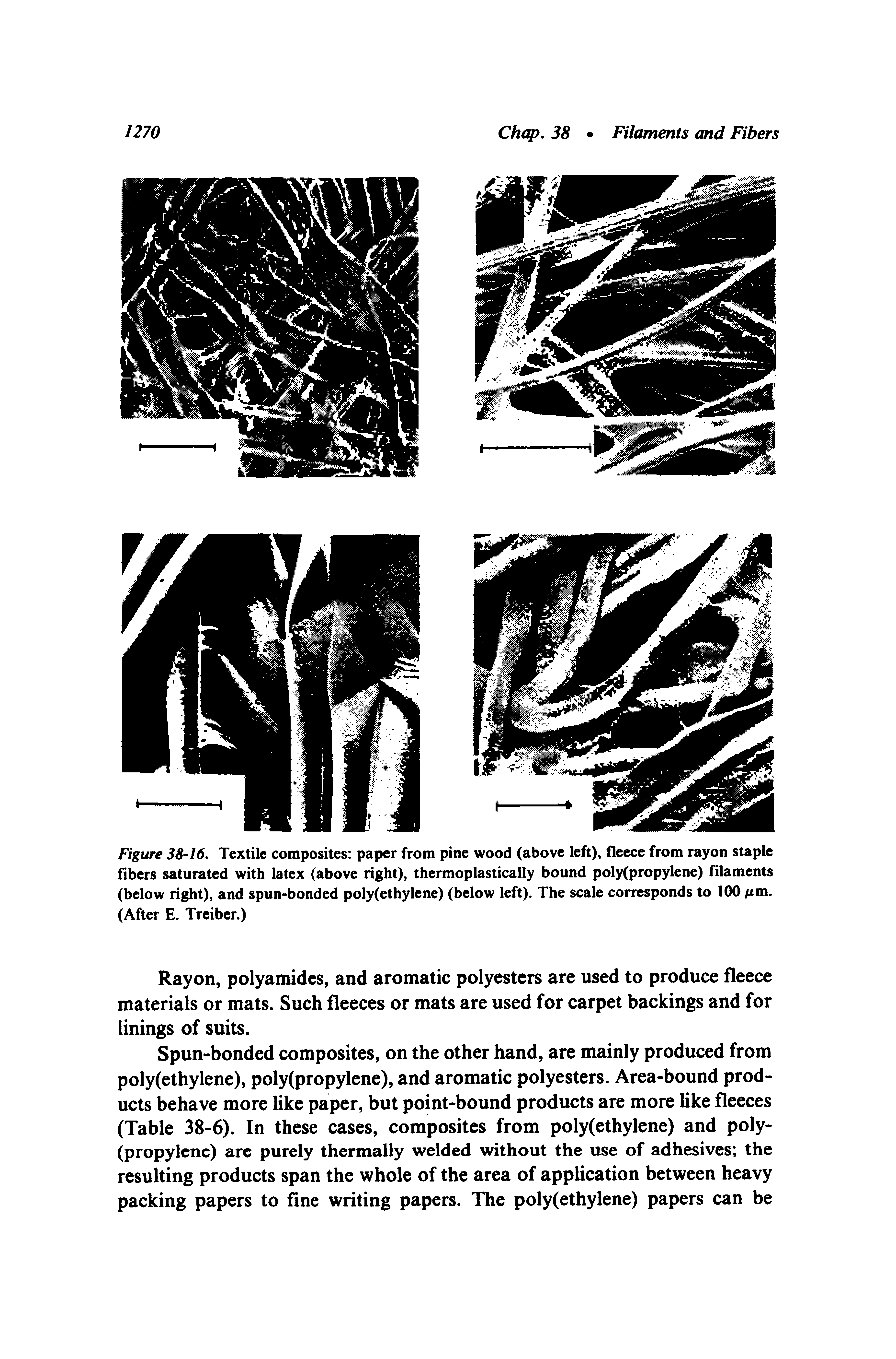 Figure 38-16. Textile composites paper from pine wood (above left), fleece from rayon staple fibers saturated with latex (above right), thermoplastically bound poly(propylene) filaments (below right), and spun-bonded poly(ethylene) (below left). The scale corresponds to 100 Acm. (After E. Trciber.)...