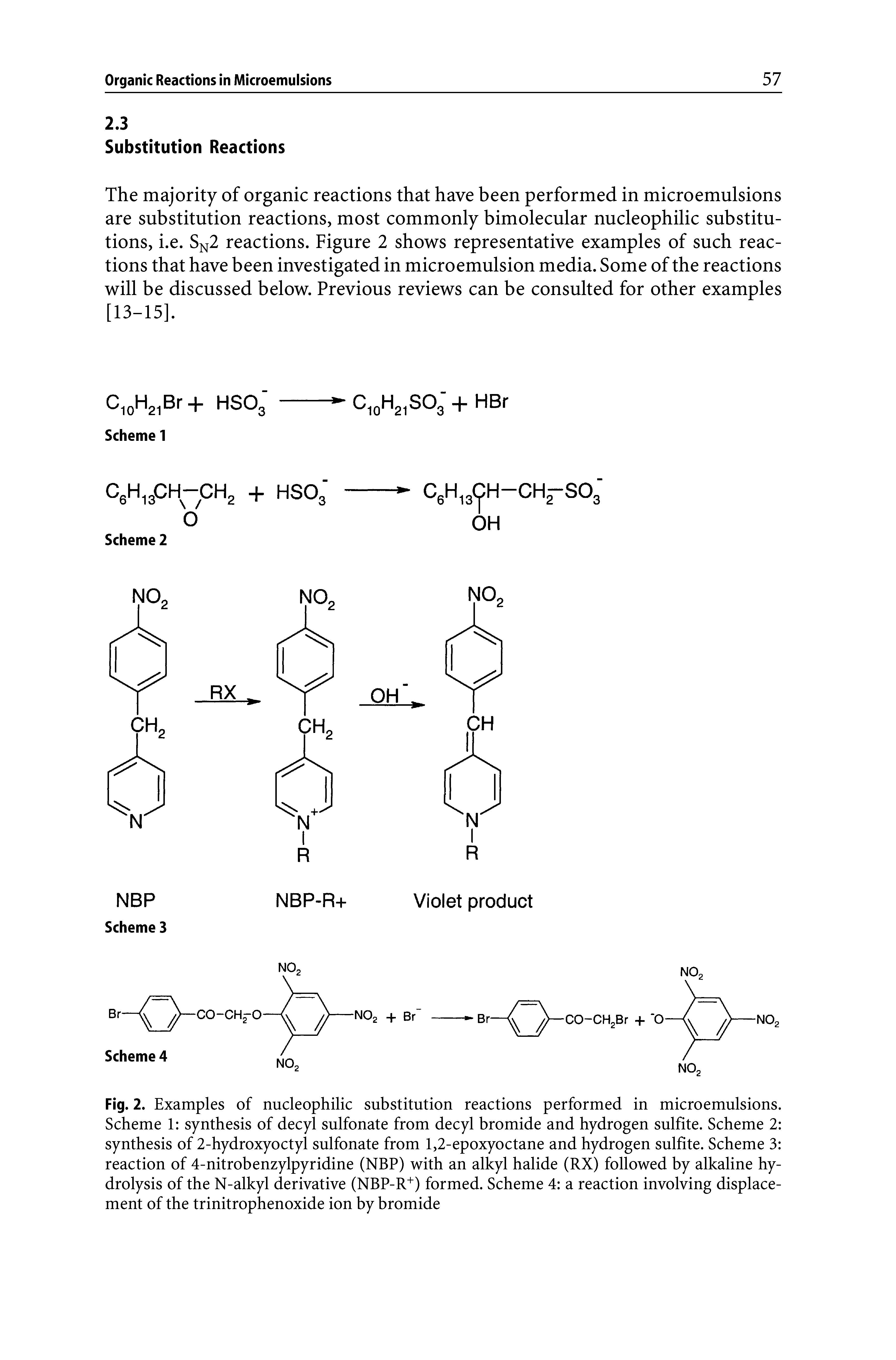 Fig. 2. Examples of nucleophilic substitution reactions performed in microemulsions. Scheme 1 synthesis of decyl sulfonate from decyl bromide and hydrogen sulfite. Scheme 2 synthesis of 2-hydroxyoctyl sulfonate from 1,2-epoxyoctane and hydrogen sulfite. Scheme 3 reaction of 4-nitrobenzylpyridine (NBP) with an alkyl halide (RX) followed by alkaline hydrolysis of the N-alkyl derivative (NBP-R+) formed. Scheme 4 a reaction involving displacement of the trinitrophenoxide ion by bromide...