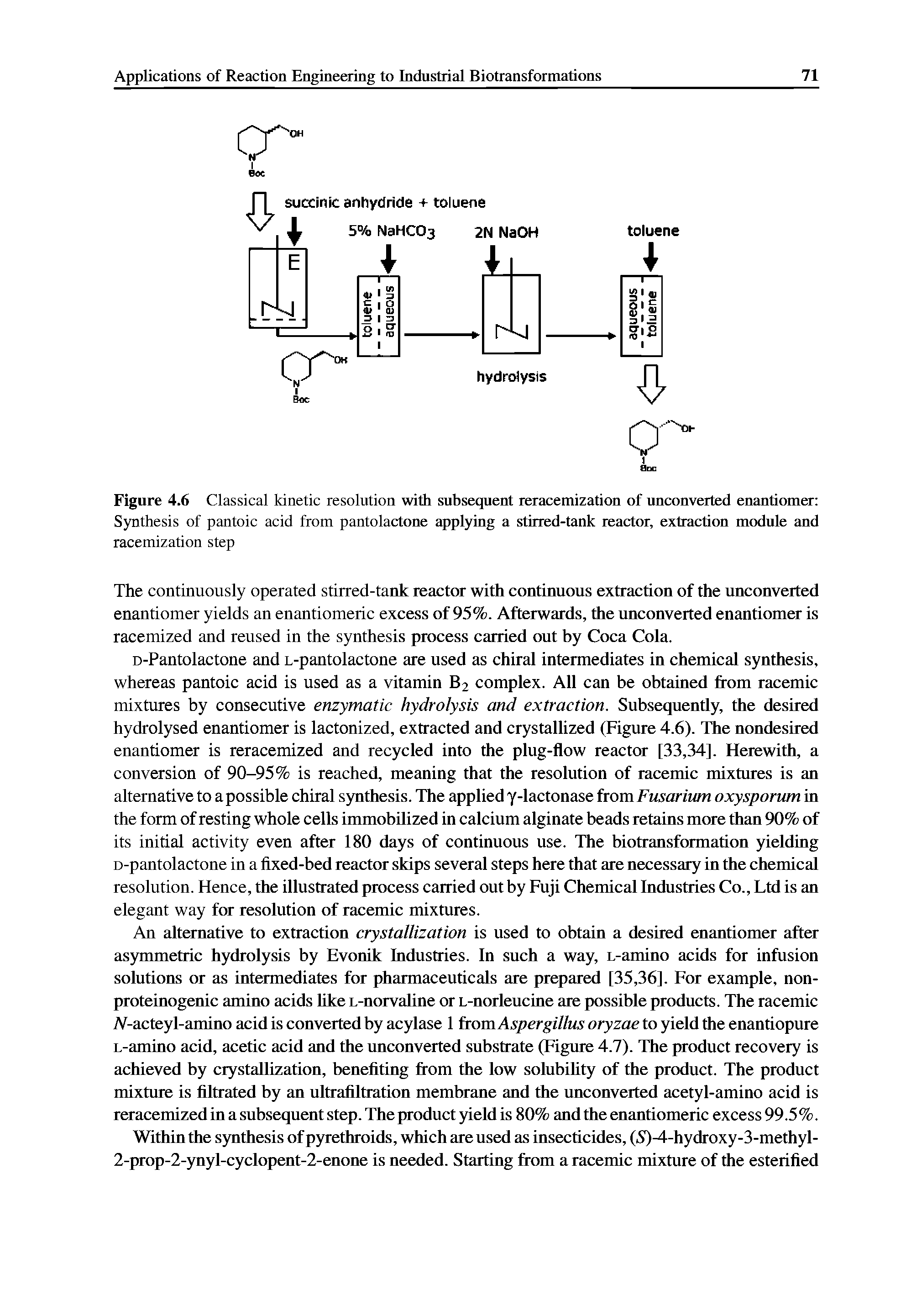 Figure 4.6 Classical kinetic resolution with subsequent reracemization of unconverted enantiomer Synthesis of pantoic acid from pantolactone applying a stirred-tank reactor, extraction module and racemization step...