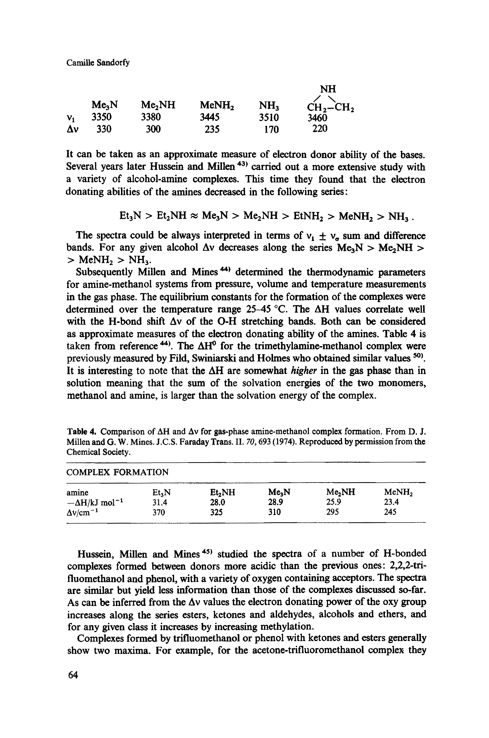 Table 4. Comparison of AH and Av for gas-phase amine-methanol complex formation. From D. J. Millen and G. W. Mines. J.C.S. Faraday Trans. II. 70,693 (1974). Reproduced by permission from the Chemical Society.