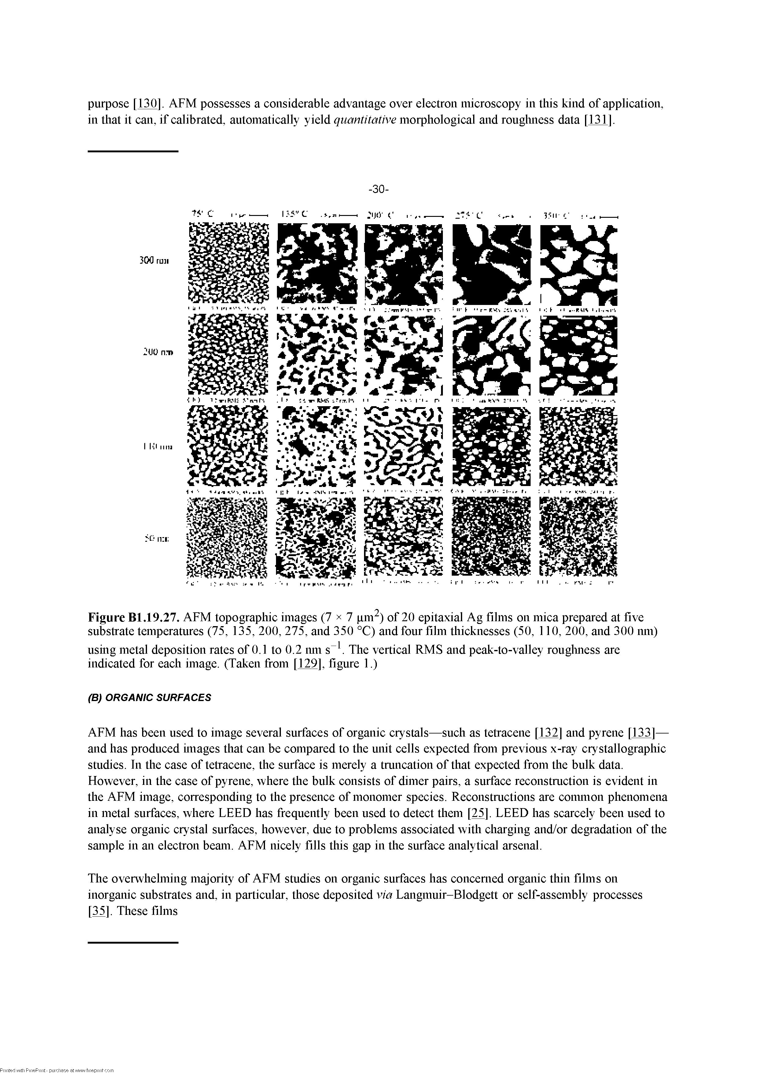 Figure Bl.19.27. AFM topographic images (7x7 pm ) of 20 epitaxial Ag films on mica prepared at five substrate temperatures (75, 135, 200, 275, and 350 °C) and four film thicknesses (50, 110, 200, and 300 mn)...