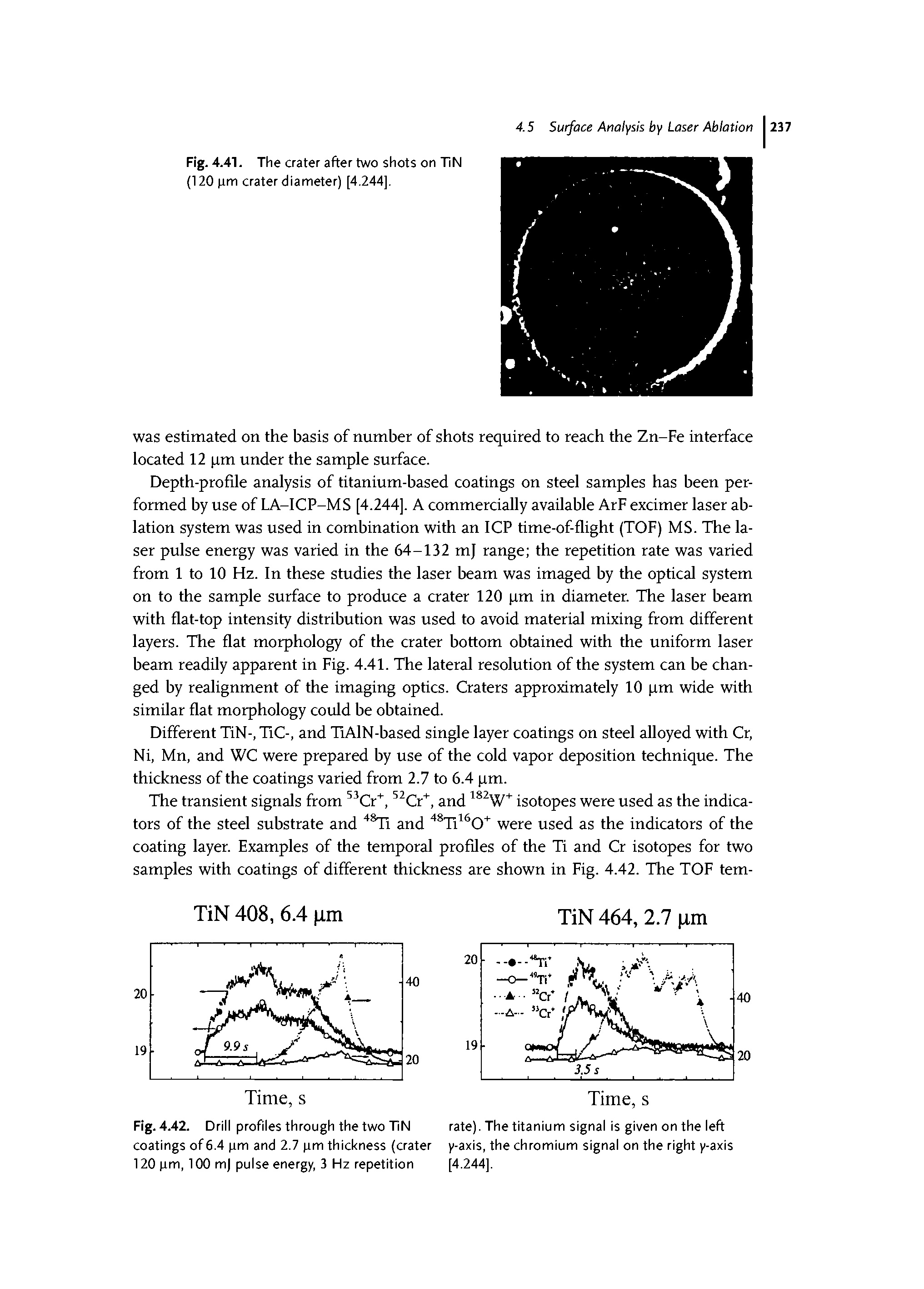 Fig. 4.42. Drill profiles through the two TiN rate). The titanium signal is given on the left coatings of 6.4 pm and 2.7 pm thickness (crater y-axis, the chromium signal on the right y-axis 120 pm, 100 m) pulse energy, 3 Hz repetition [4.244].