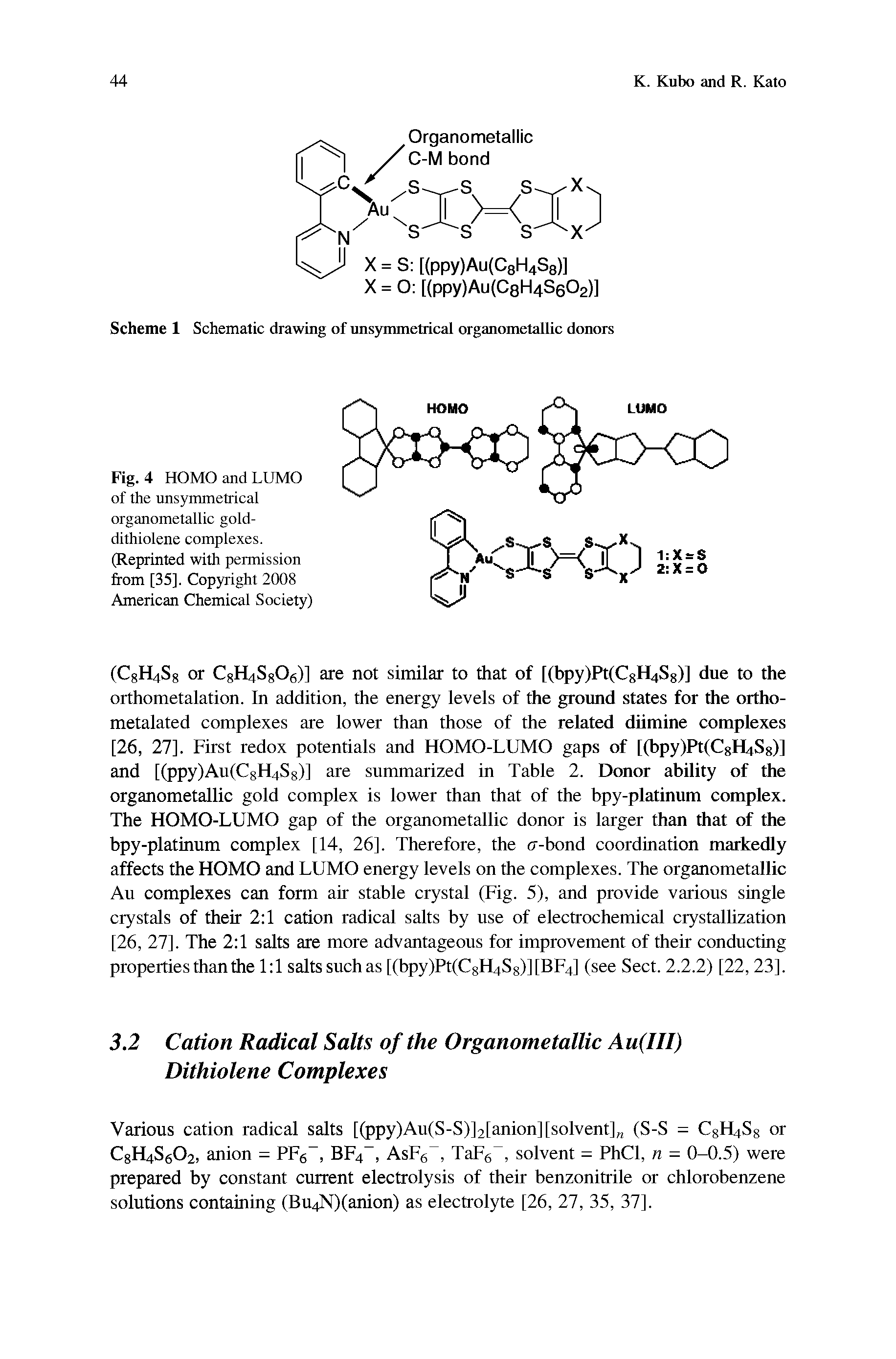 Fig. 4 HOMO and LUMO of the unsymmetrical organometallic gold-dithiolene complexes. (Reprinted with permission from [35]. Copyright 2008 American Chemical Society)...