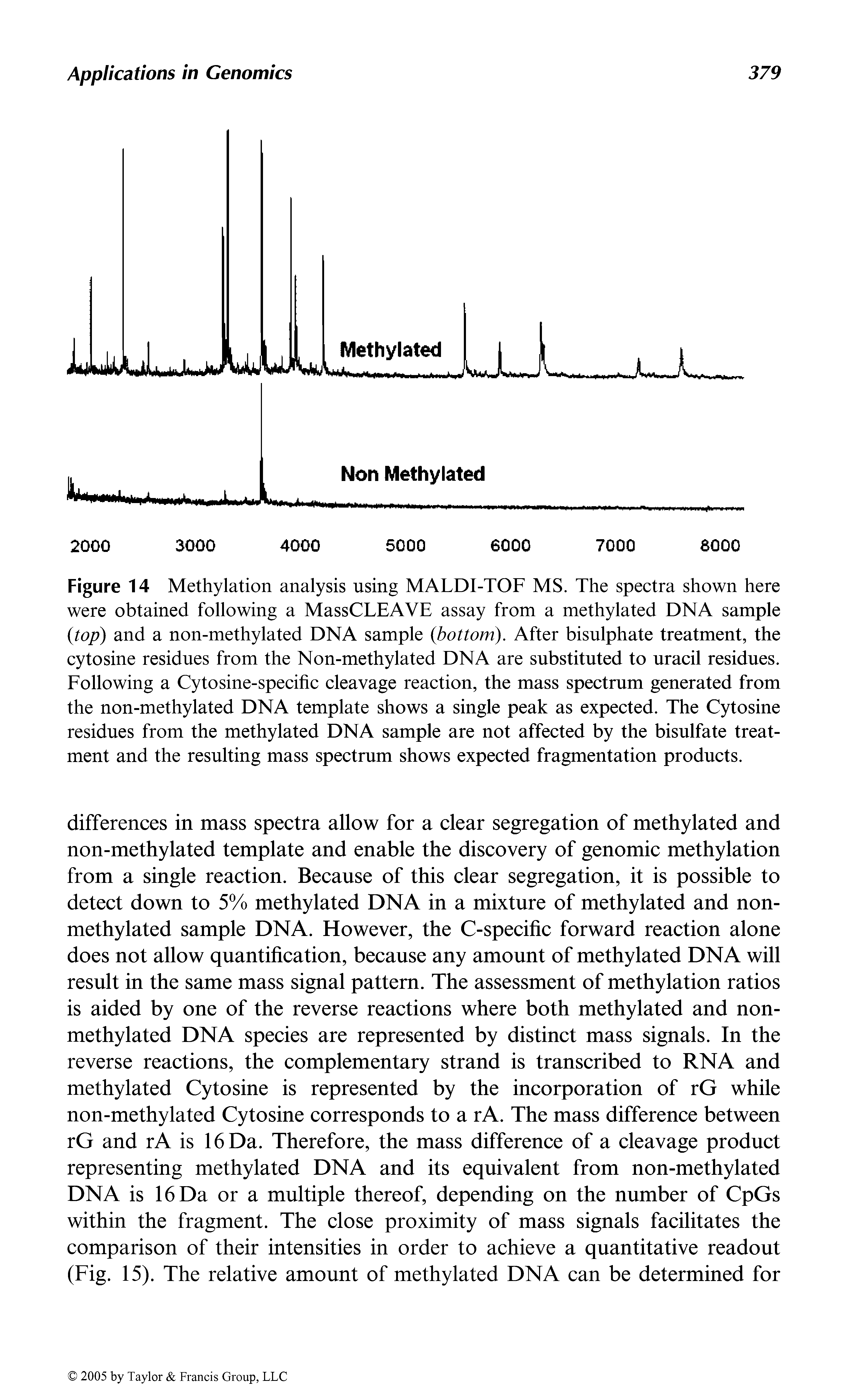 Figure 14 Methylation analysis using MALDI-TOF MS. The spectra shown here were obtained following a MassCLEAVE assay from a methylated DNA sample (top) and a non-methylated DNA sample (bottom). After bisulphate treatment, the cytosine residues from the Non-methylated DNA are substituted to uracil residues. Following a Cytosine-specific cleavage reaction, the mass spectrum generated from the non-methylated DNA template shows a single peak as expected. The Cytosine residues from the methylated DNA sample are not affected by the bisulfate treatment and the resulting mass spectrum shows expected fragmentation products.