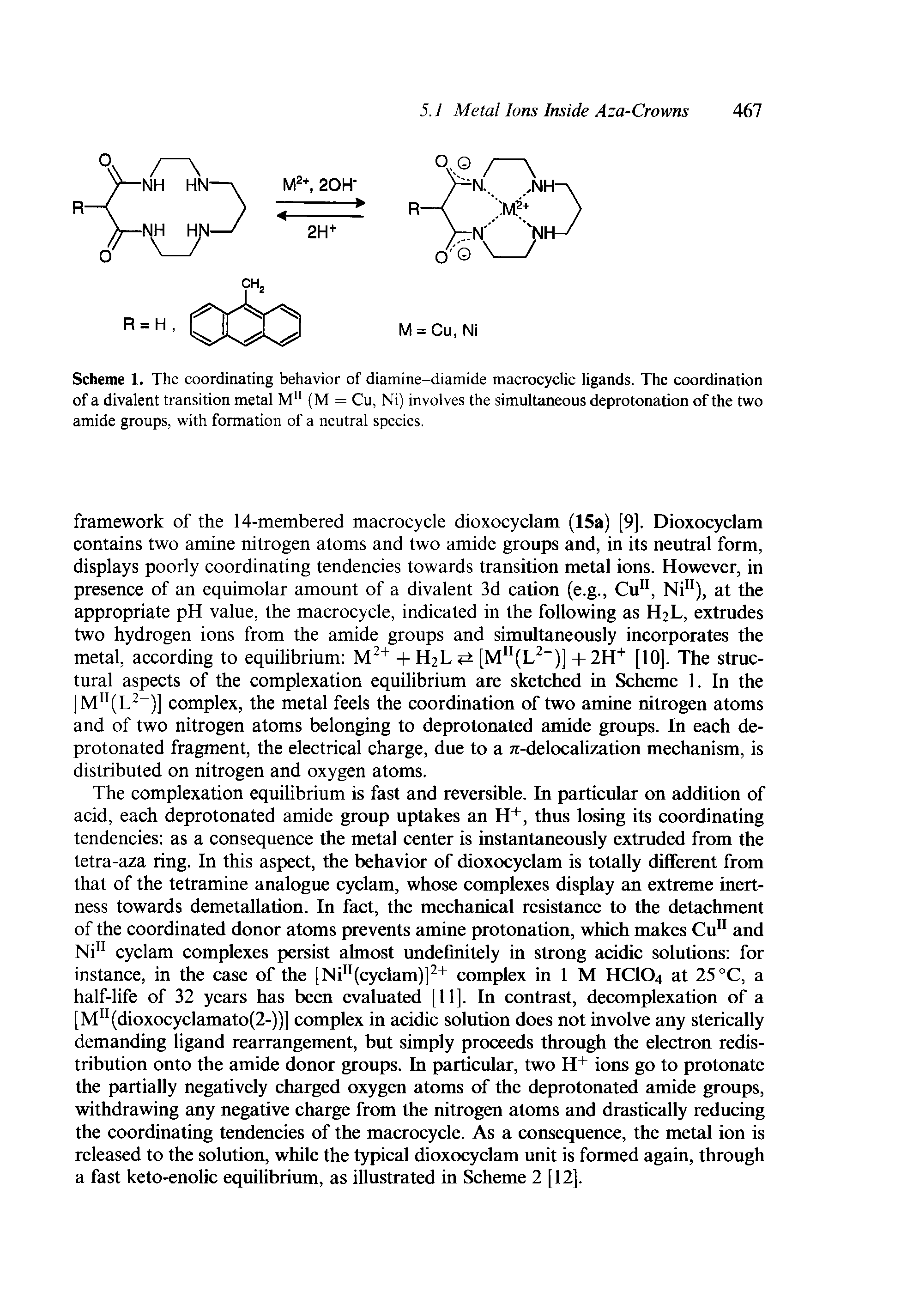 Scheme 1. The coordinating behavior of diamine-diamide macrocyclic ligands. The coordination of a divalent transition metal (M = Cu, Ni) involves the simultaneous deprotonation of the two amide groups, with formation of a neutral species.