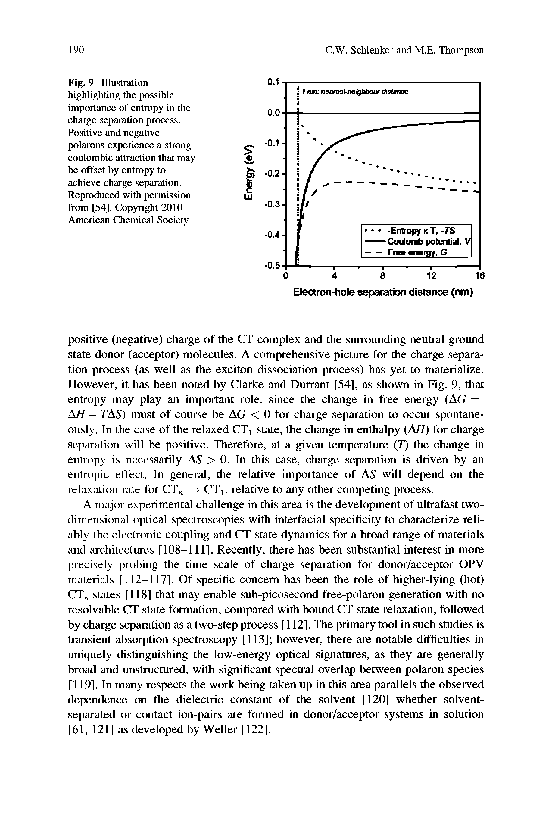 Fig. 9 Illustration highlighting the possible importance of entropy in the charge separation process. Positive and negative polarons experience a strong coulombic attraction that may be offset by entropy to achieve charge separation. Reproduced with permission from [54]. Copyright 2010 American Chemical Society...