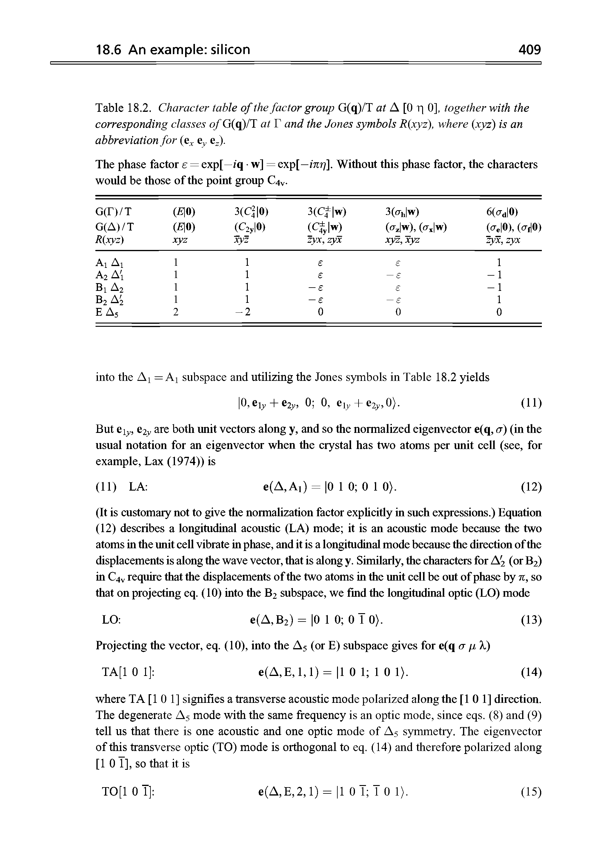 Table 18.2. Character table of the factor group G(q)/T at A [0 q 0], together with the corresponding classes of G(q)/T at T and the Jones symbols R(xyz), where (xyz) is an abbreviation for (ex ey ez).