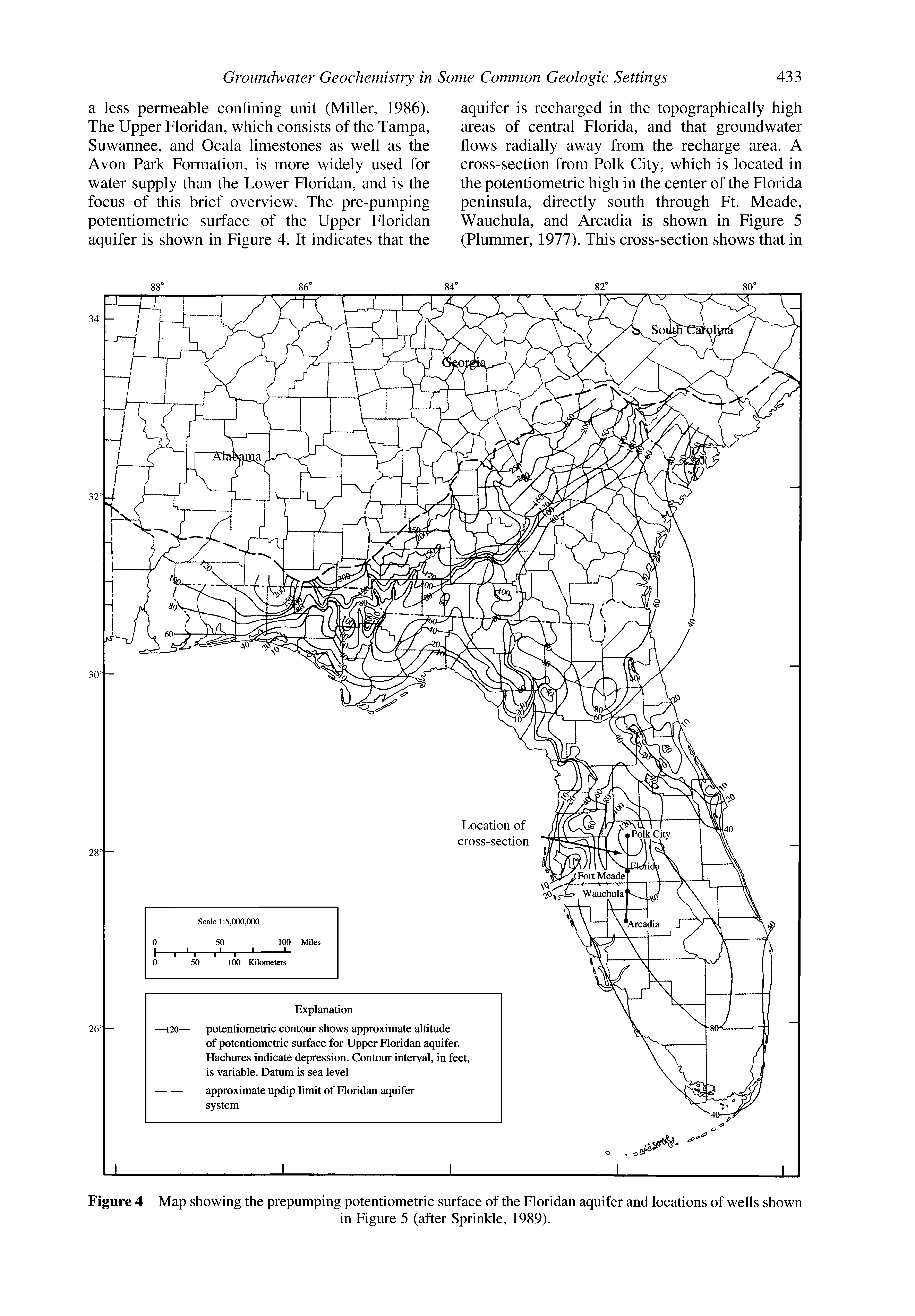 Figure 4 Map showing the prepumping potentiometric surface of the Floridan aquifer and locations of wells shown...
