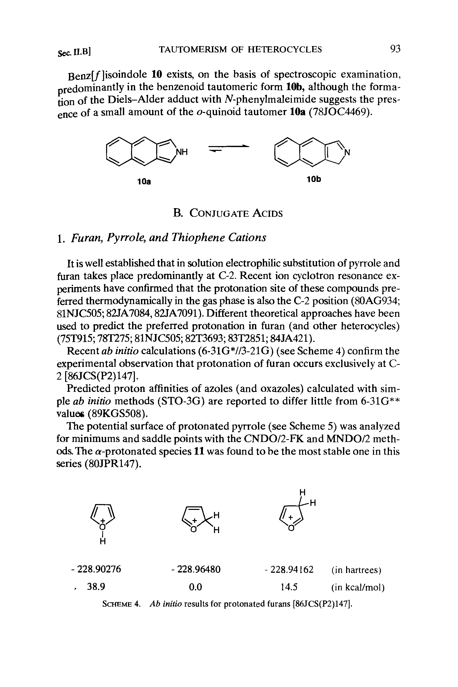 Scheme 4. Ab initio results for protonated furans [86JCS(P2)147].