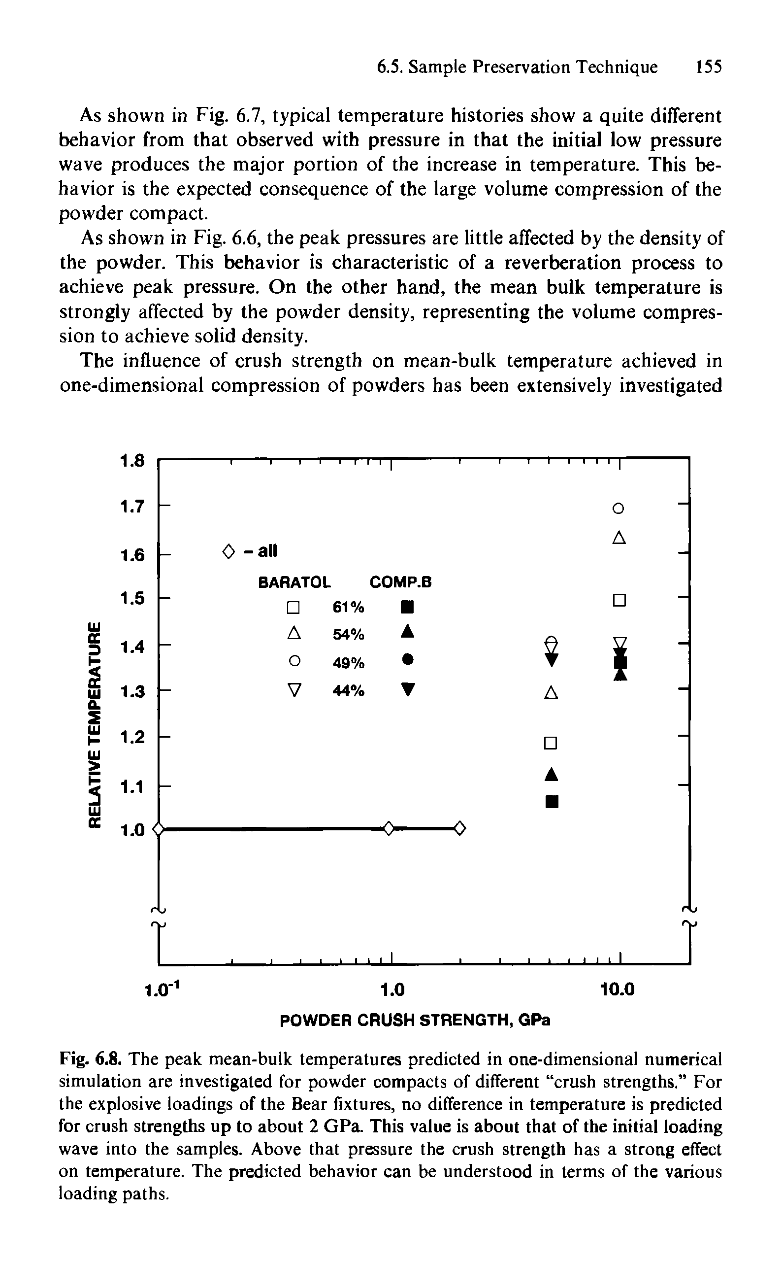 Fig. 6.8. The peak mean-bulk temperatures predicted in one-dimensional numerical simulation are investigated for powder compacts of different crush strengths. For the explosive loadings of the Bear fixtures, no difference in temperature is predicted for crush strengths up to about 2 GPa. This value is about that of the initial loading wave into the samples. Above that pressure the crush strength has a strong effect on temperature. The predicted behavior can be understood in terms of the various loading paths.