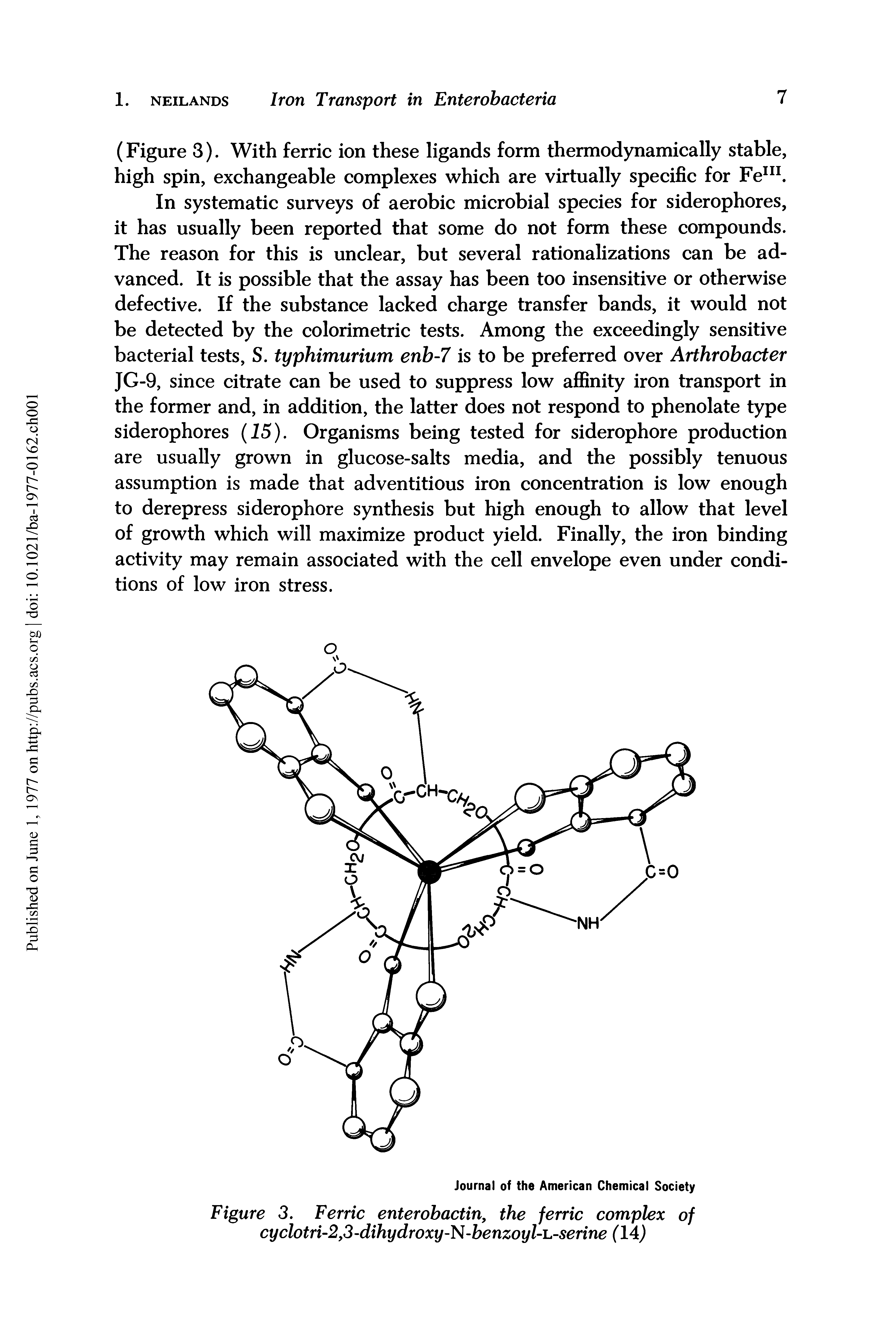 Figure 3. Ferric enterobactin, the ferric complex of cyclotri-2,3-dihydroxy-N-benzoyl-i,-serine (14)...