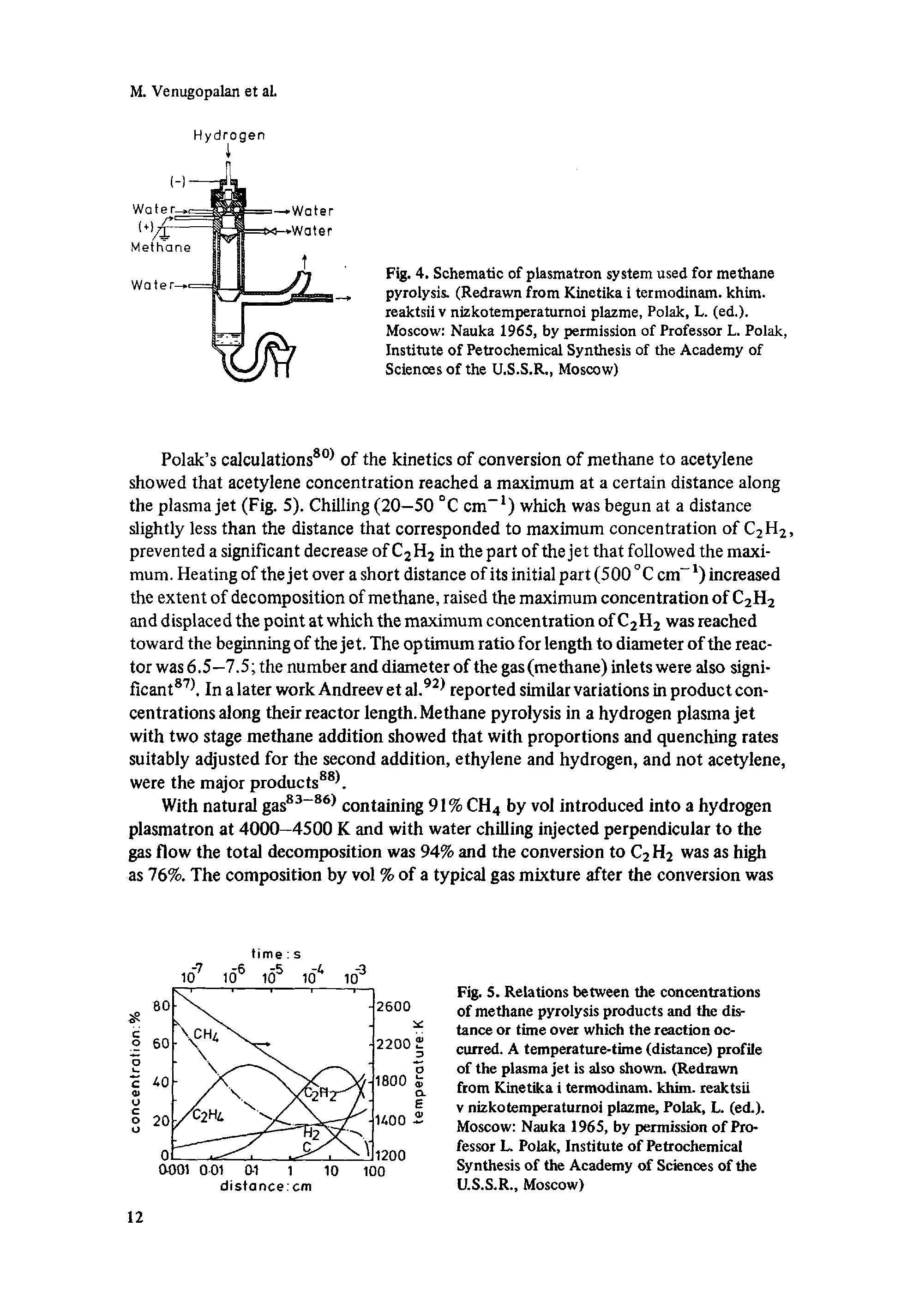 Fig. 4. Schematic of plasmatron system used for methane pyrolysis. (Redrawn from Kinetika i termodinam. khim. reaktsii v nizkotemperaturnoi plazme, Polak, L. (ed.). Moscow Nauka 1965, by permission of Professor L. Polak, Institute of Petrochemical Synthesis of the Academy of Sciences of the U.S.S.R., Moscow)...
