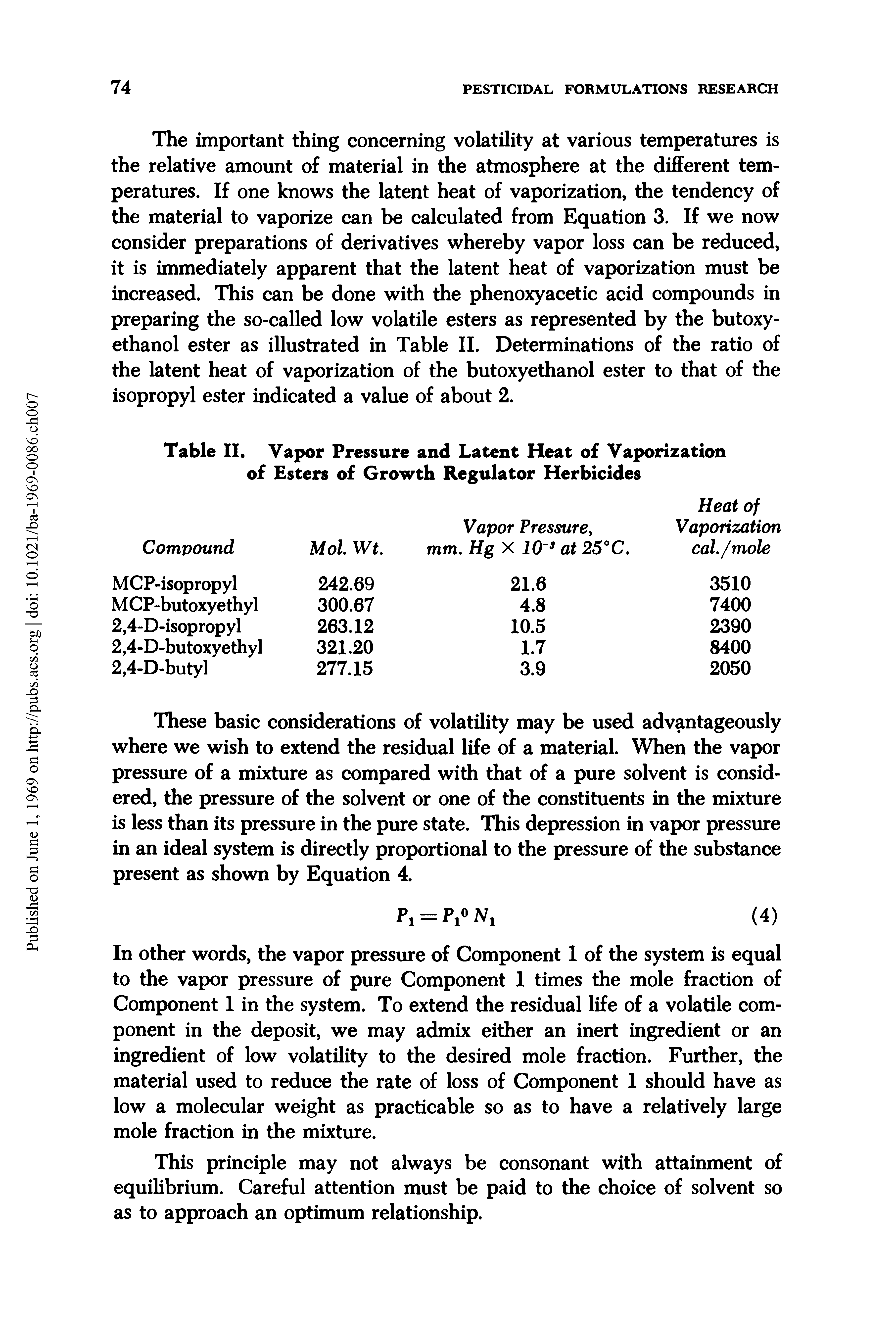 Table II. Vapor Pressure and Latent Heat of Vaporization of Esters of Growth Regulator Herbicides...