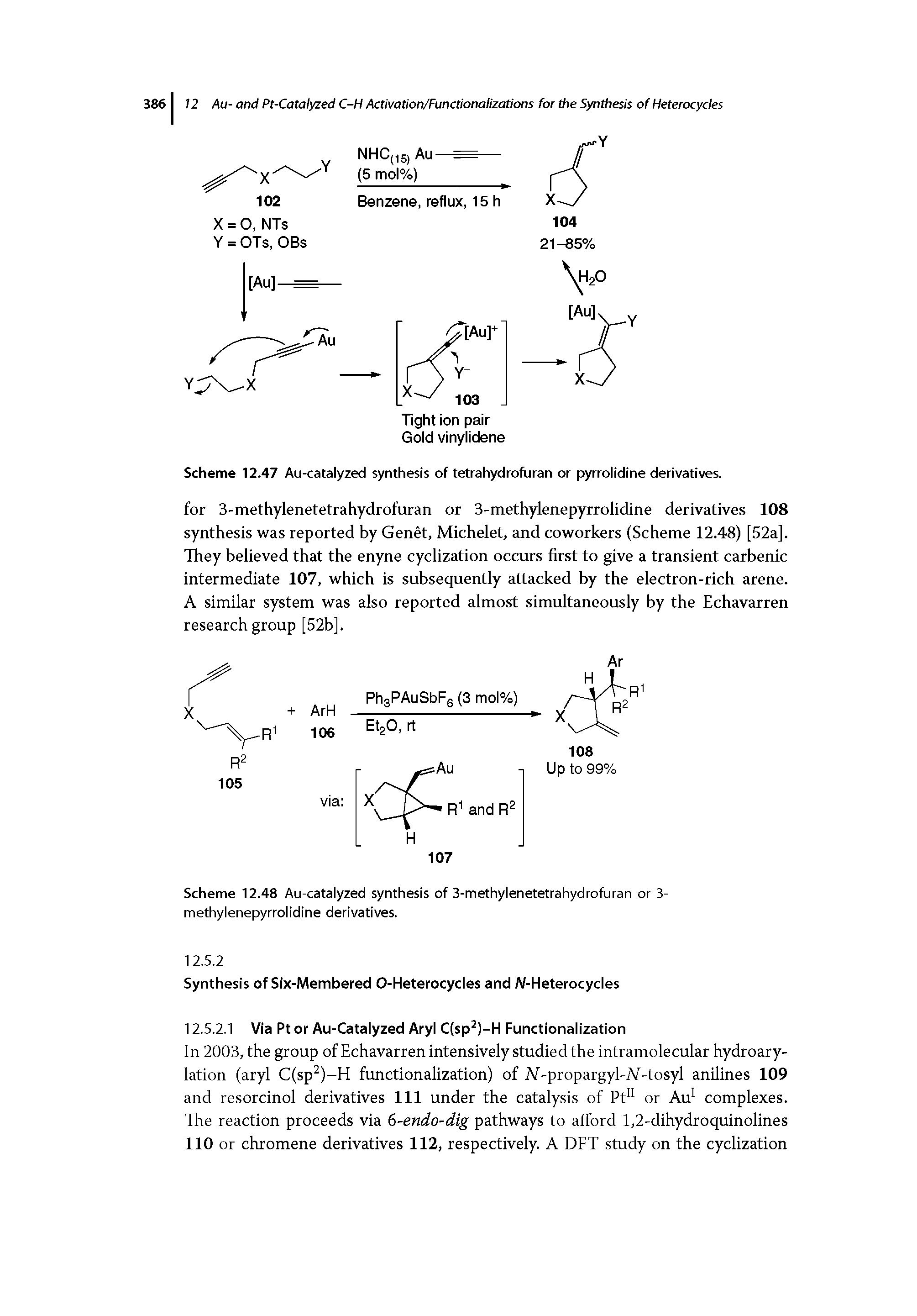 Scheme 12.47 Au-cataiyzed synthesis of tetrahydrofuran or pyrrolidine derivatives.