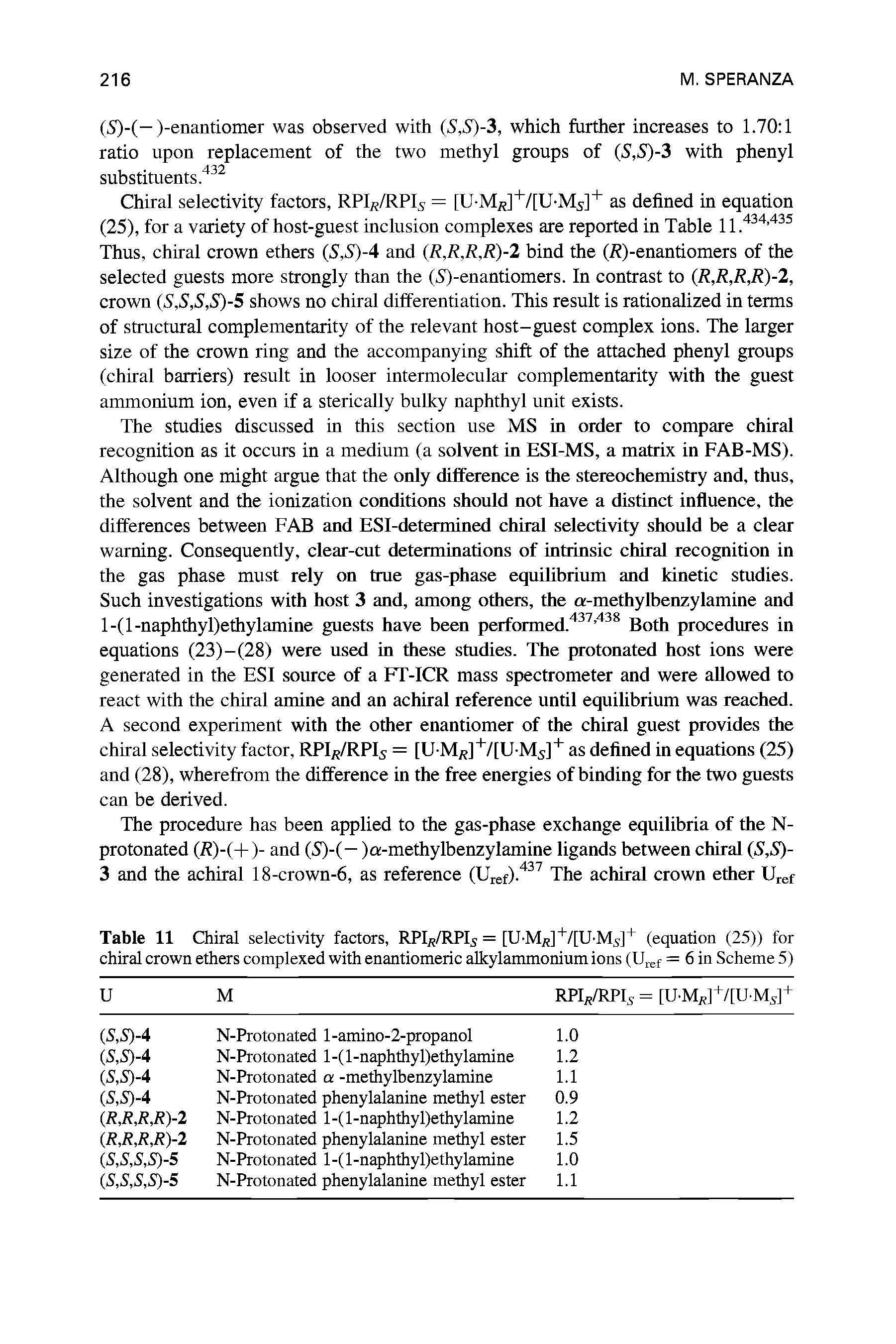 Table 11 Chiral selectivity factors, RPI /RPI = [U M ]" /[U Ms]4 (equation (25)) for chiral crown ethers complexed with enantiomeric alkylammonium ions (Ur .f = 6 in Scheme 5)...